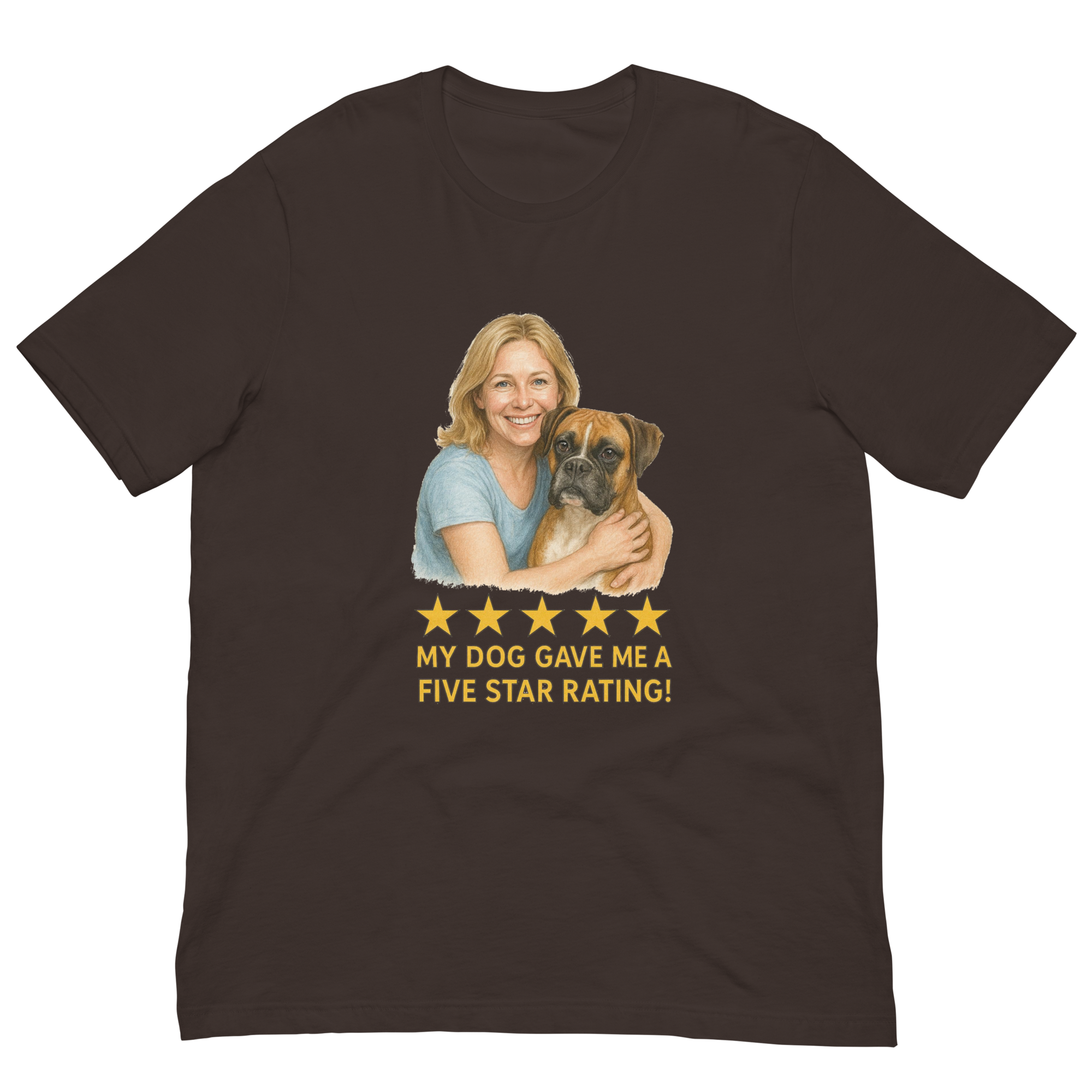 Blonde Woman with Boxer graphic tee - brown