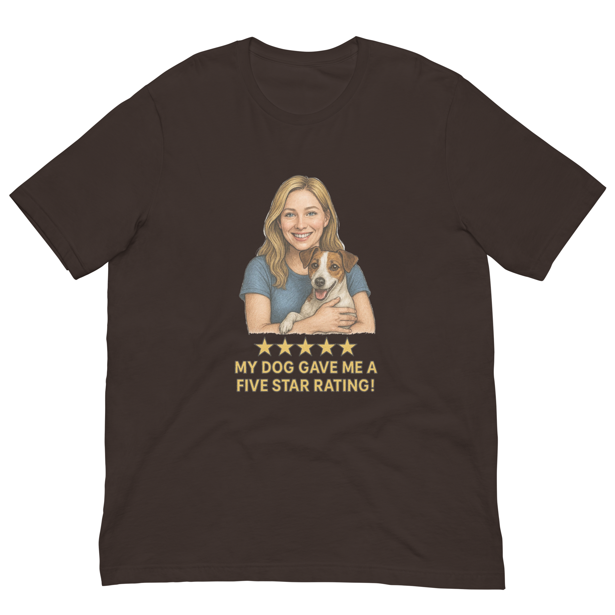 Blonde Woman with Jack Russell Terrier graphic tee - brown