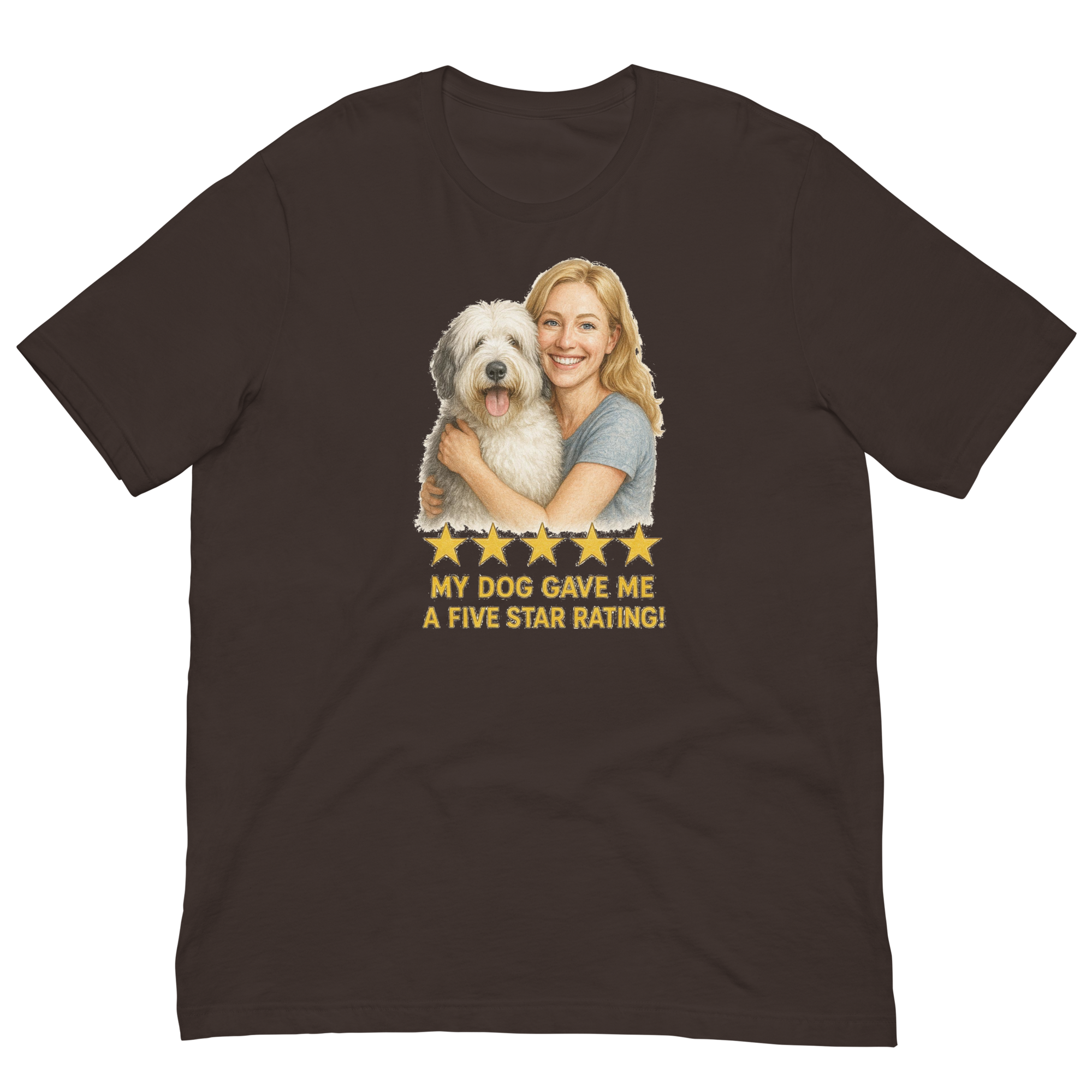 Blonde Woman with Sheepdog graphic tee - brown