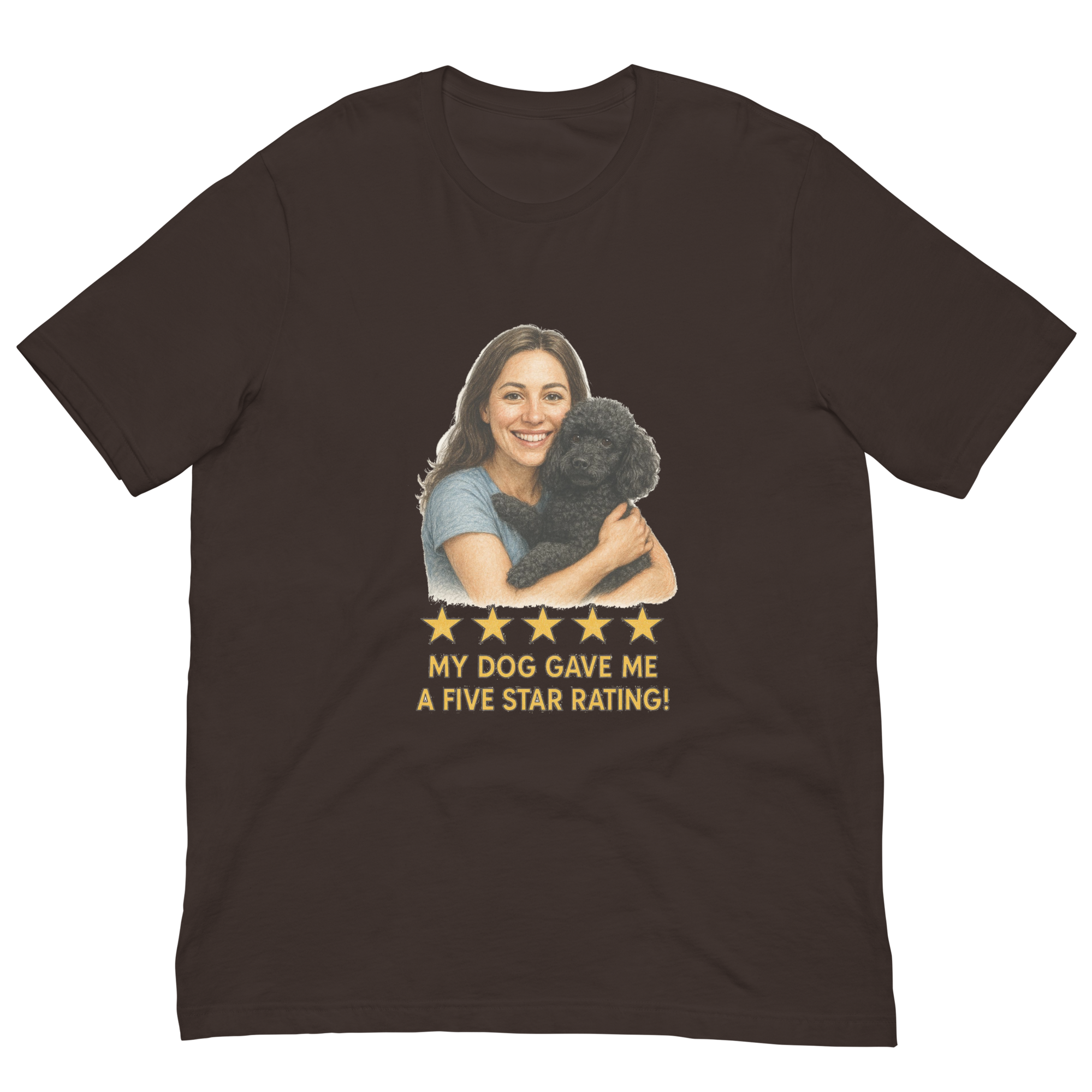 Brunette Woman with Black Poodle graphic tee - brown