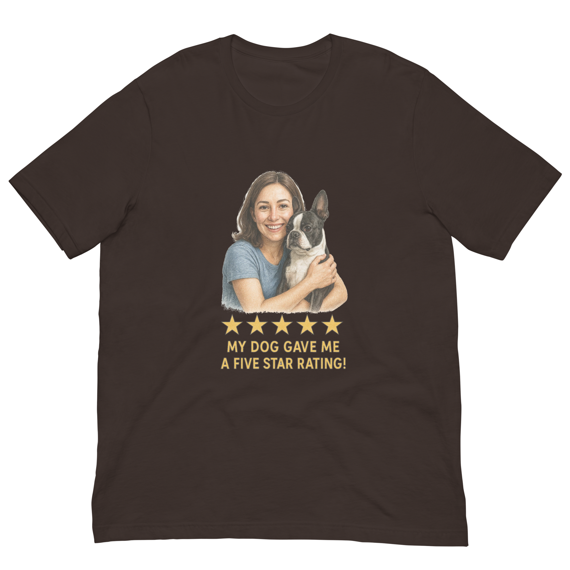 Brunette Woman with Boston Terrier graphic tee - brown