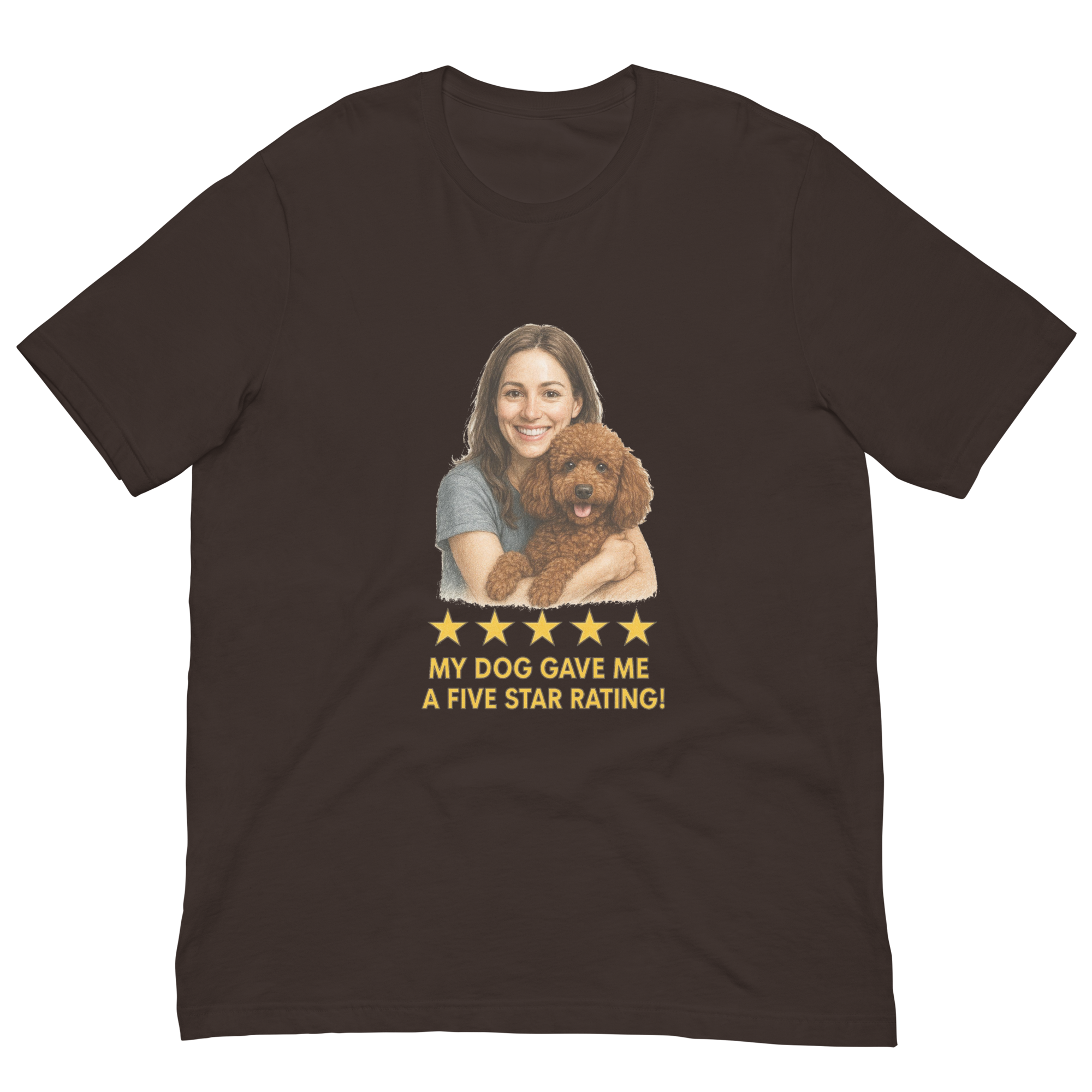 Brunette Woman with Brown Poodle graphic tee - brown