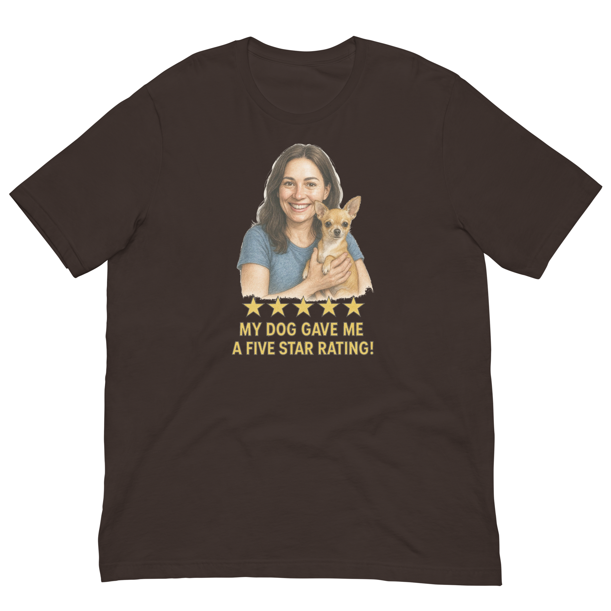 Brunette Woman with Chihuahua graphic tee - brown