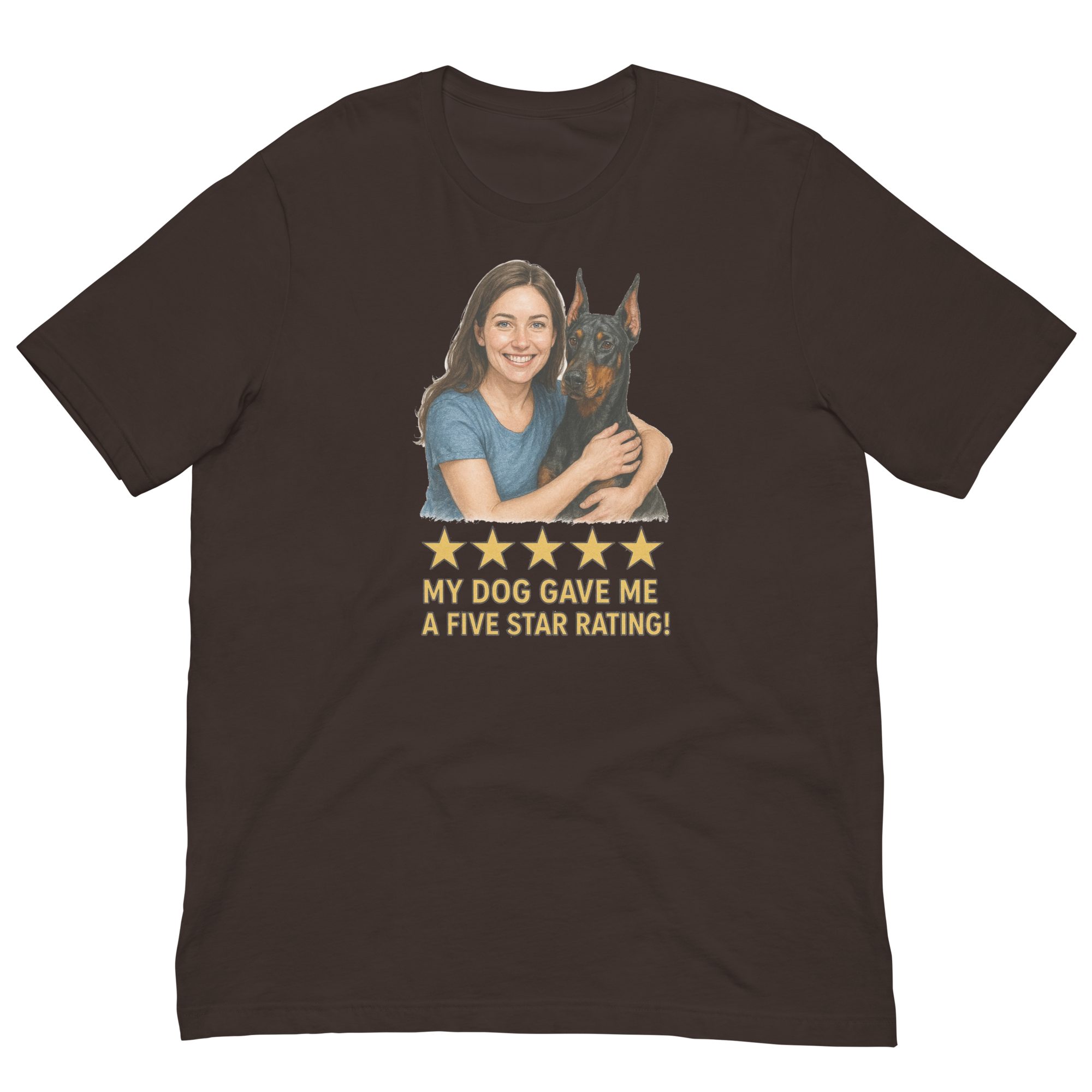 Brunette Woman with Doberman Pinscher graphic tee - brown