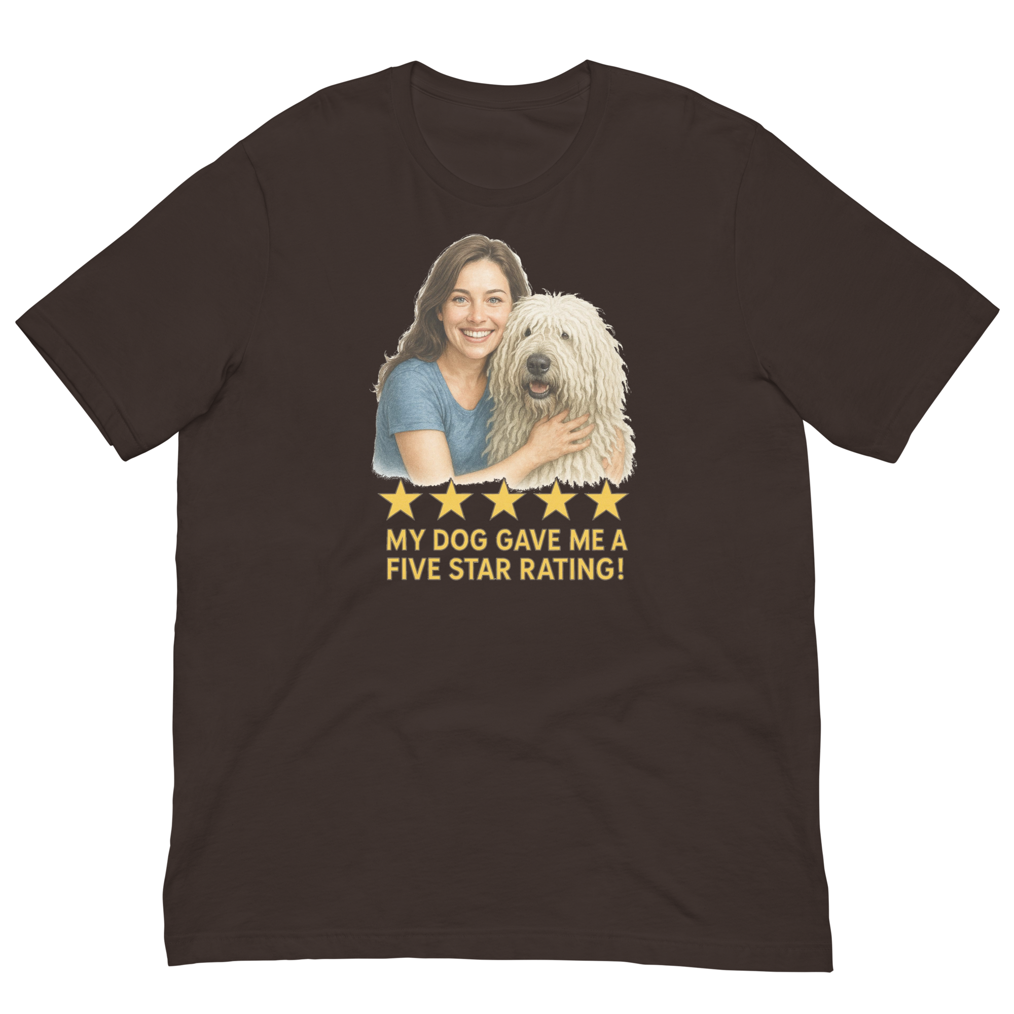 Brunette Woman with Komondor graphic tee - brown