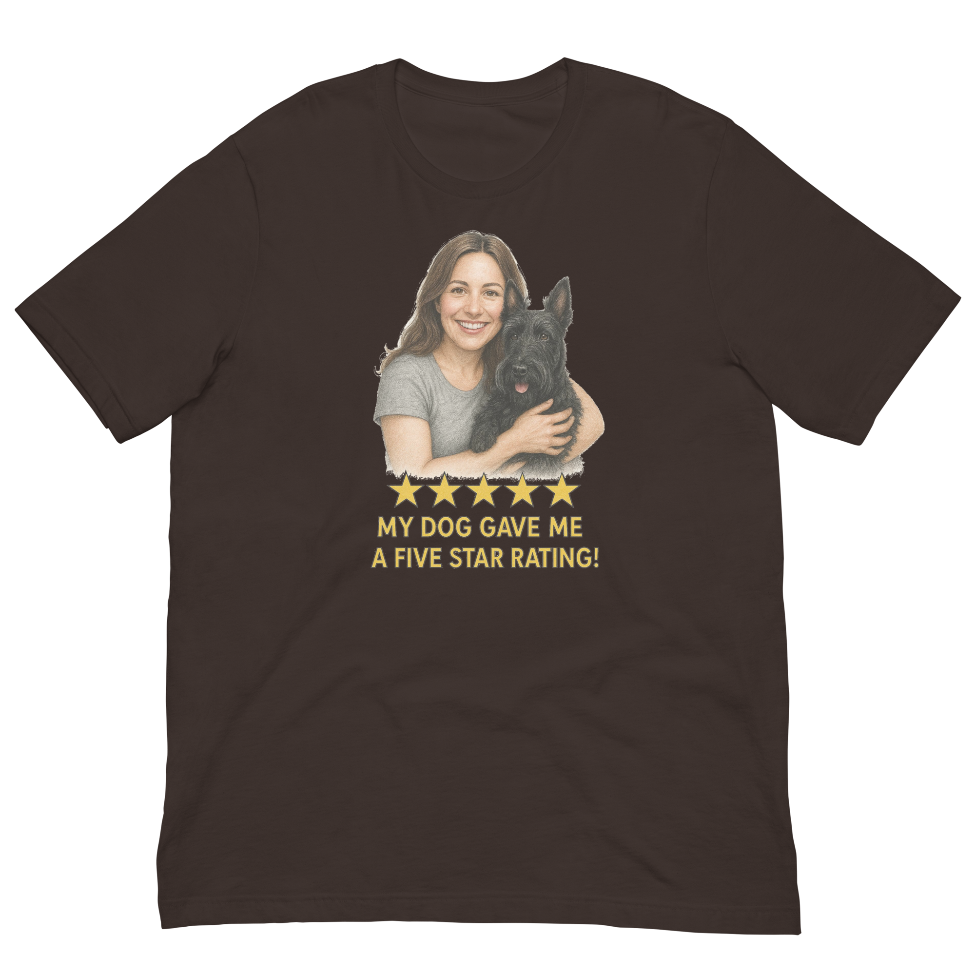 Brunette Woman with Scottie graphic tee - brown