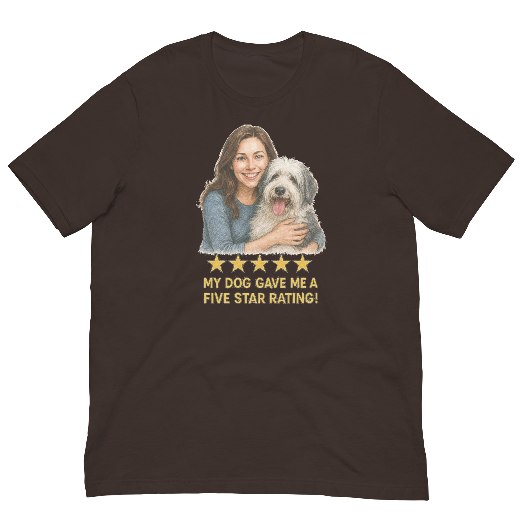 Brunette Woman with Sheepdog graphic tee - brown
