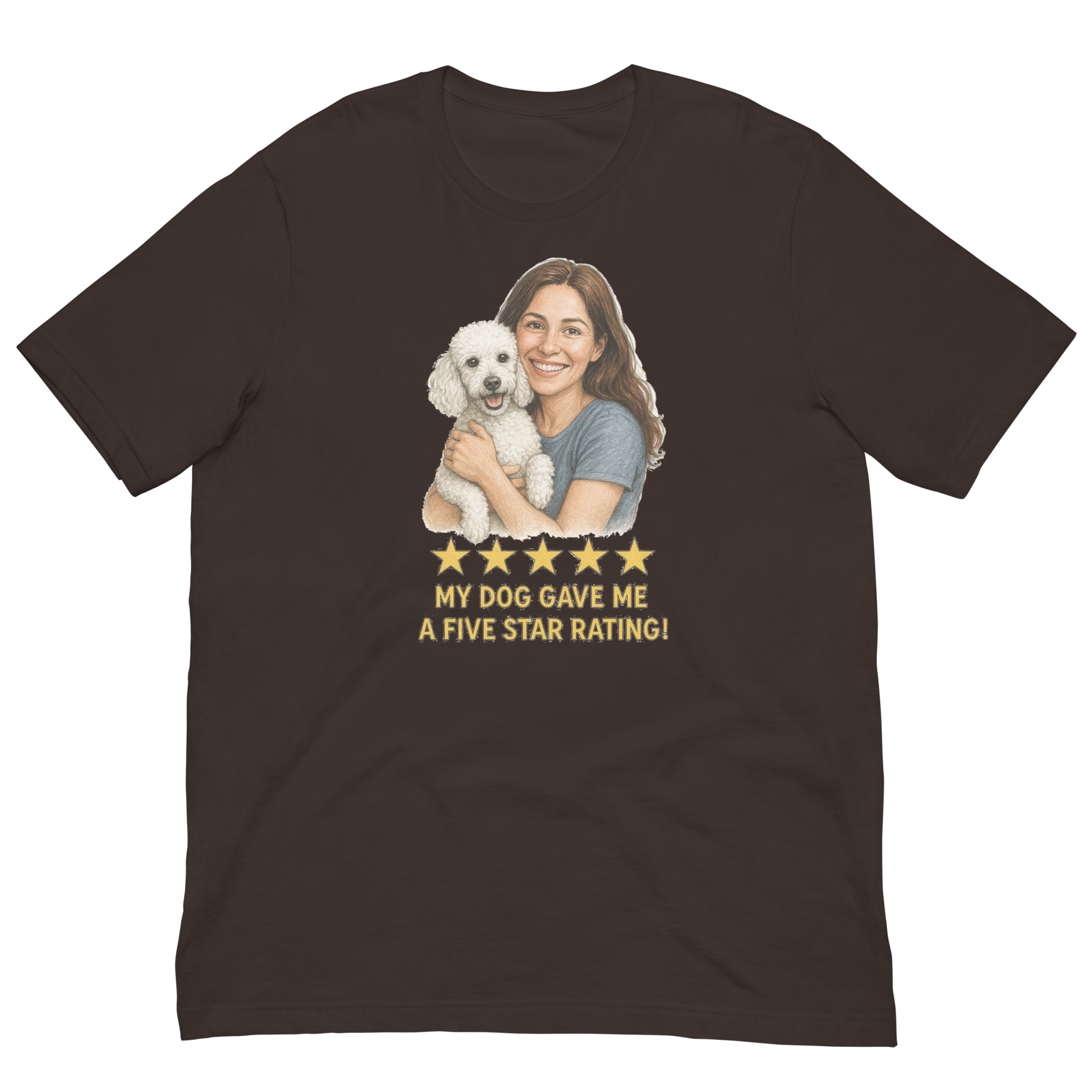 Brunette Woman with White Poodle graphic tee - brown