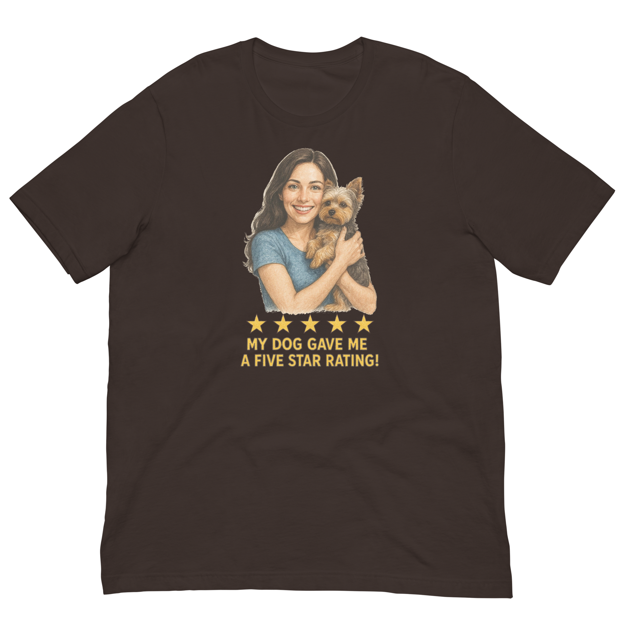 Brunette Woman with Yorkie graphic tee - brown