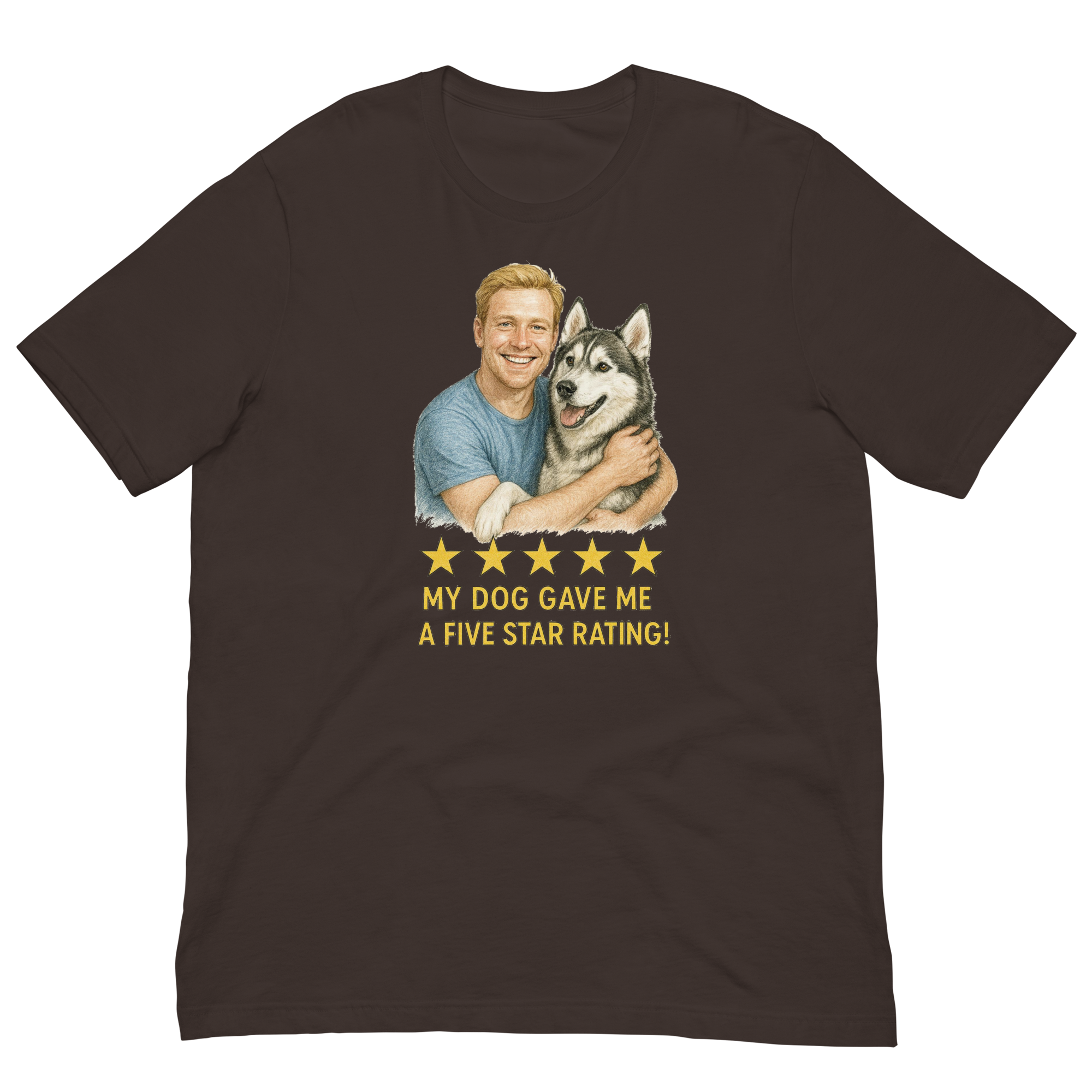 Blonde Man with Alaskan Husky graphic tee.