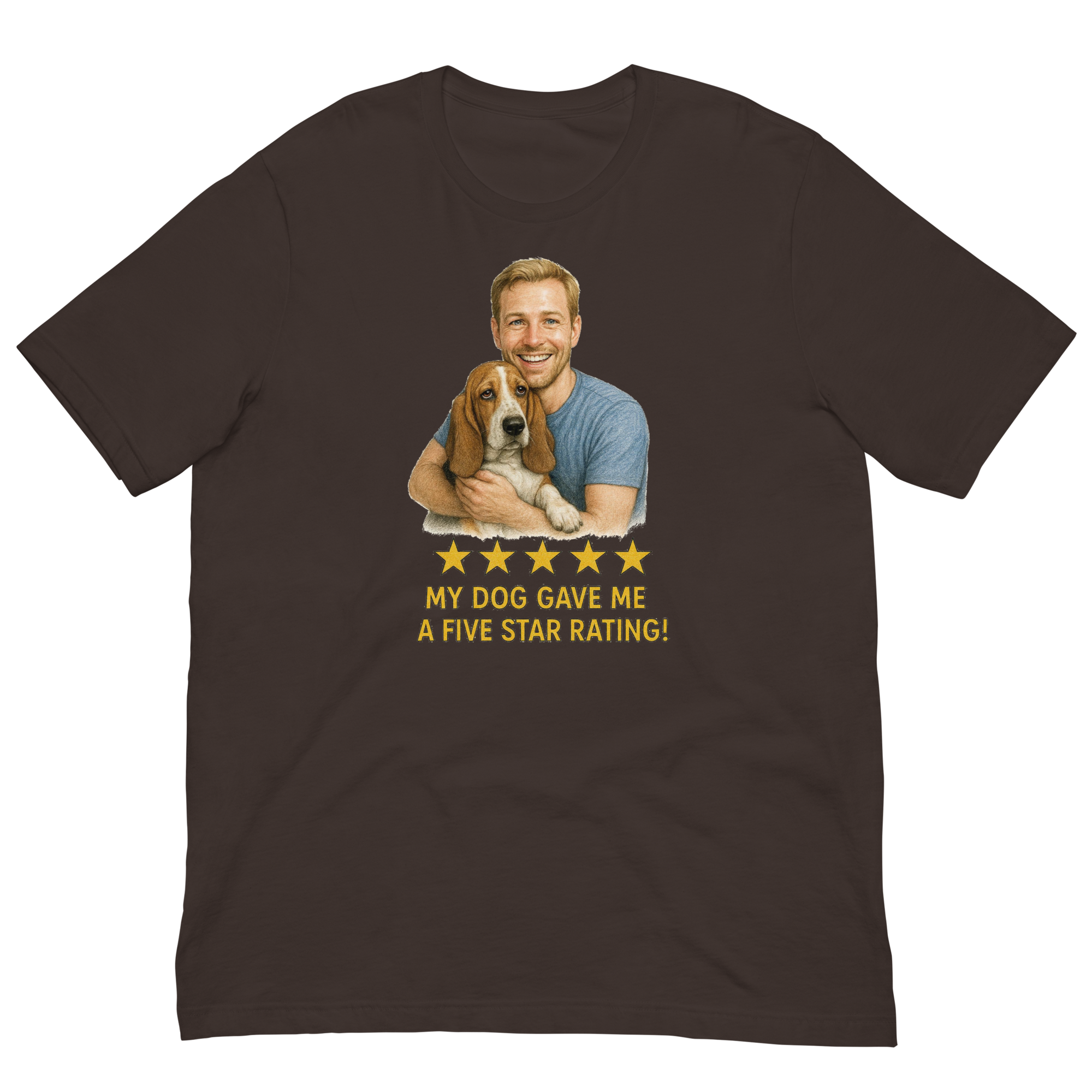 Blonde Man with Basset Hound graphic tee.