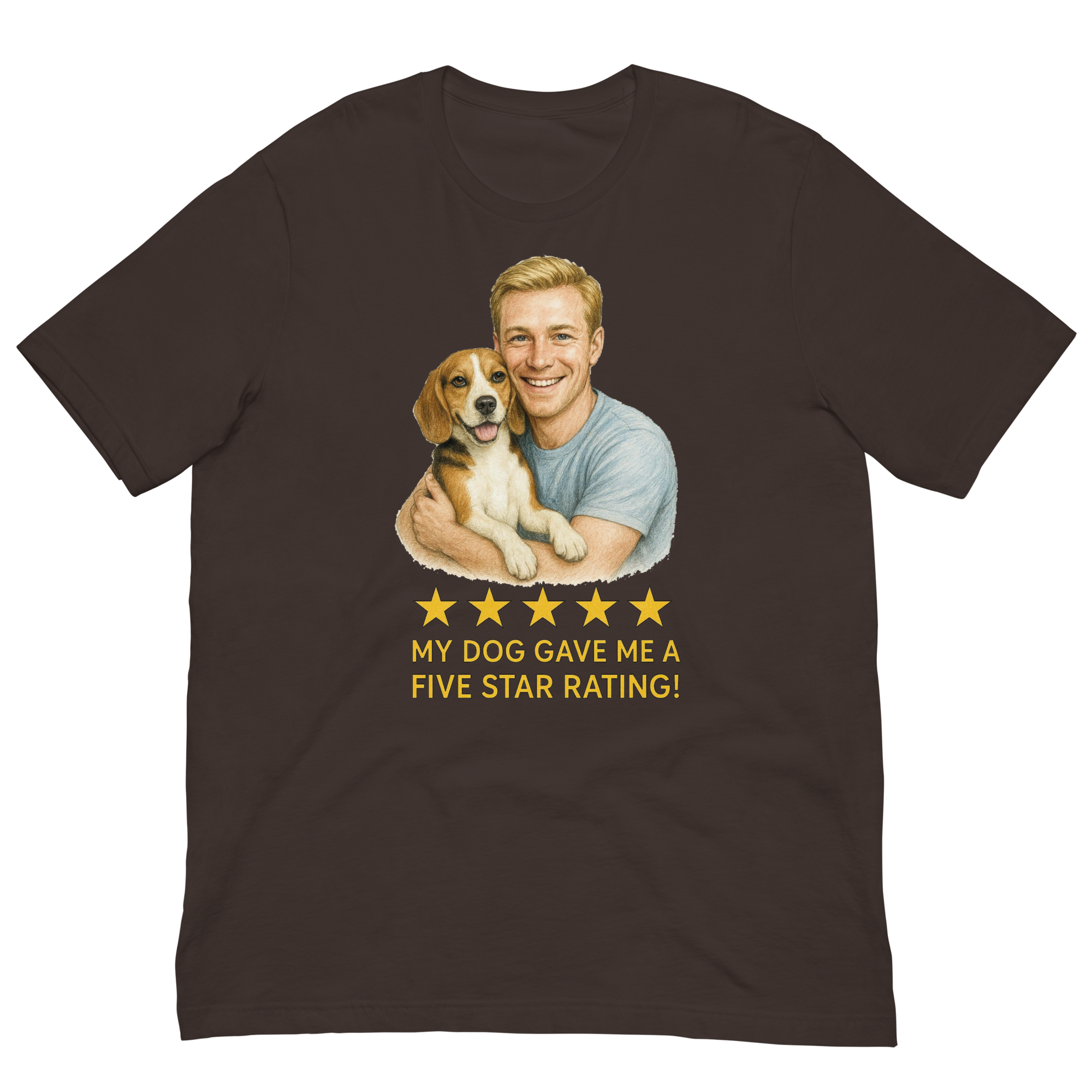 Blonde Man with Beagle graphic tee.