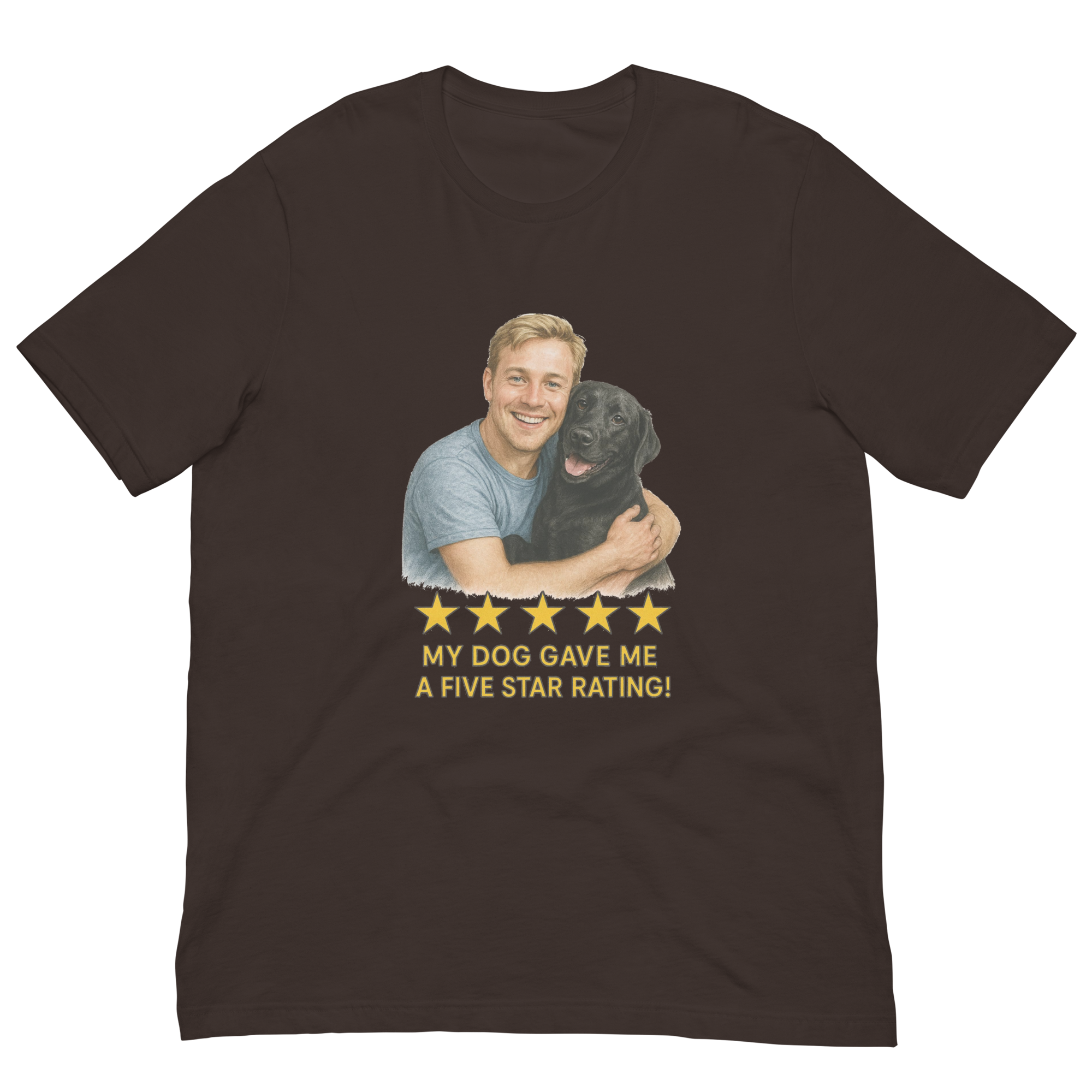 Blonde Man with Black Labrador graphic tee.