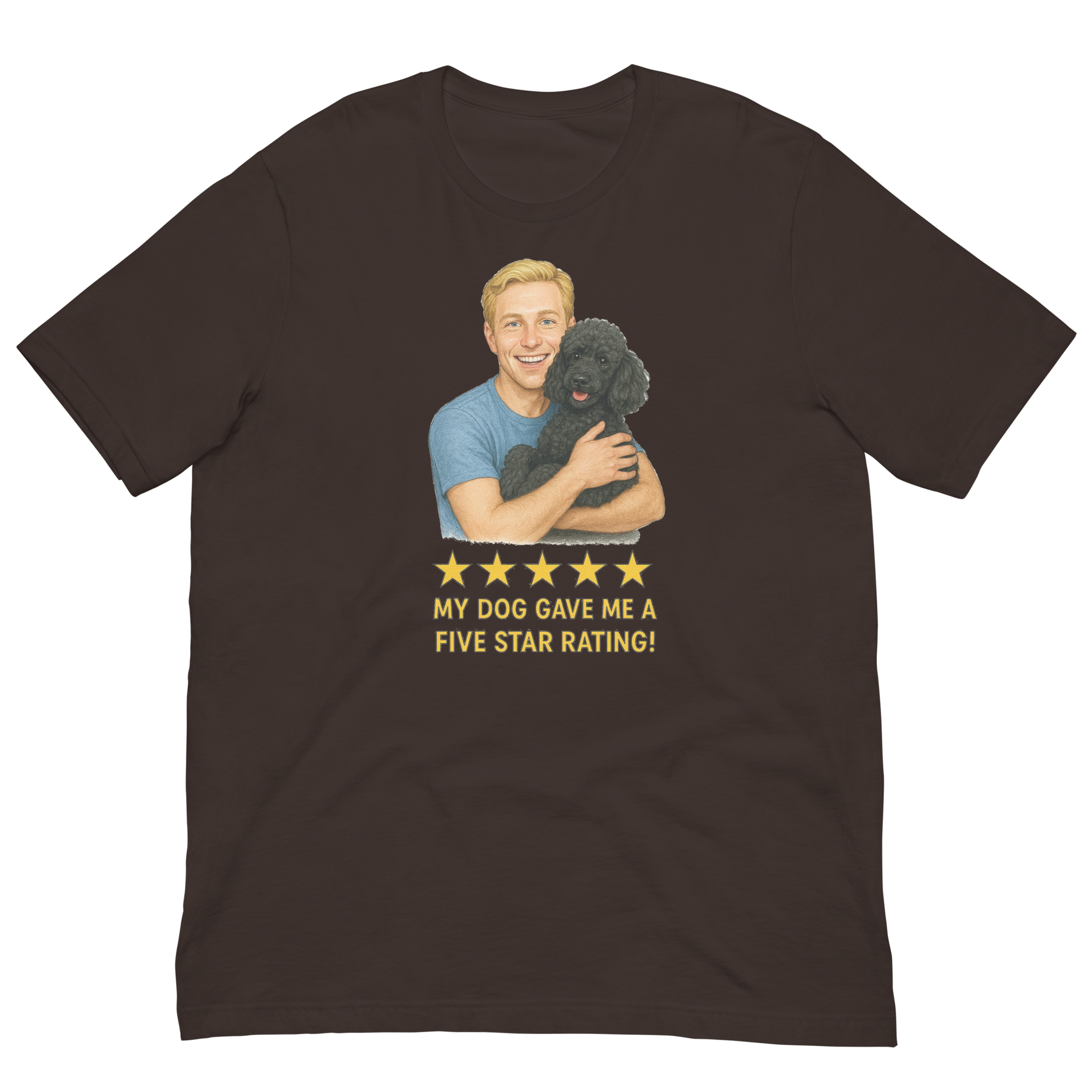 Blonde Man with Black Poodle graphic tee.