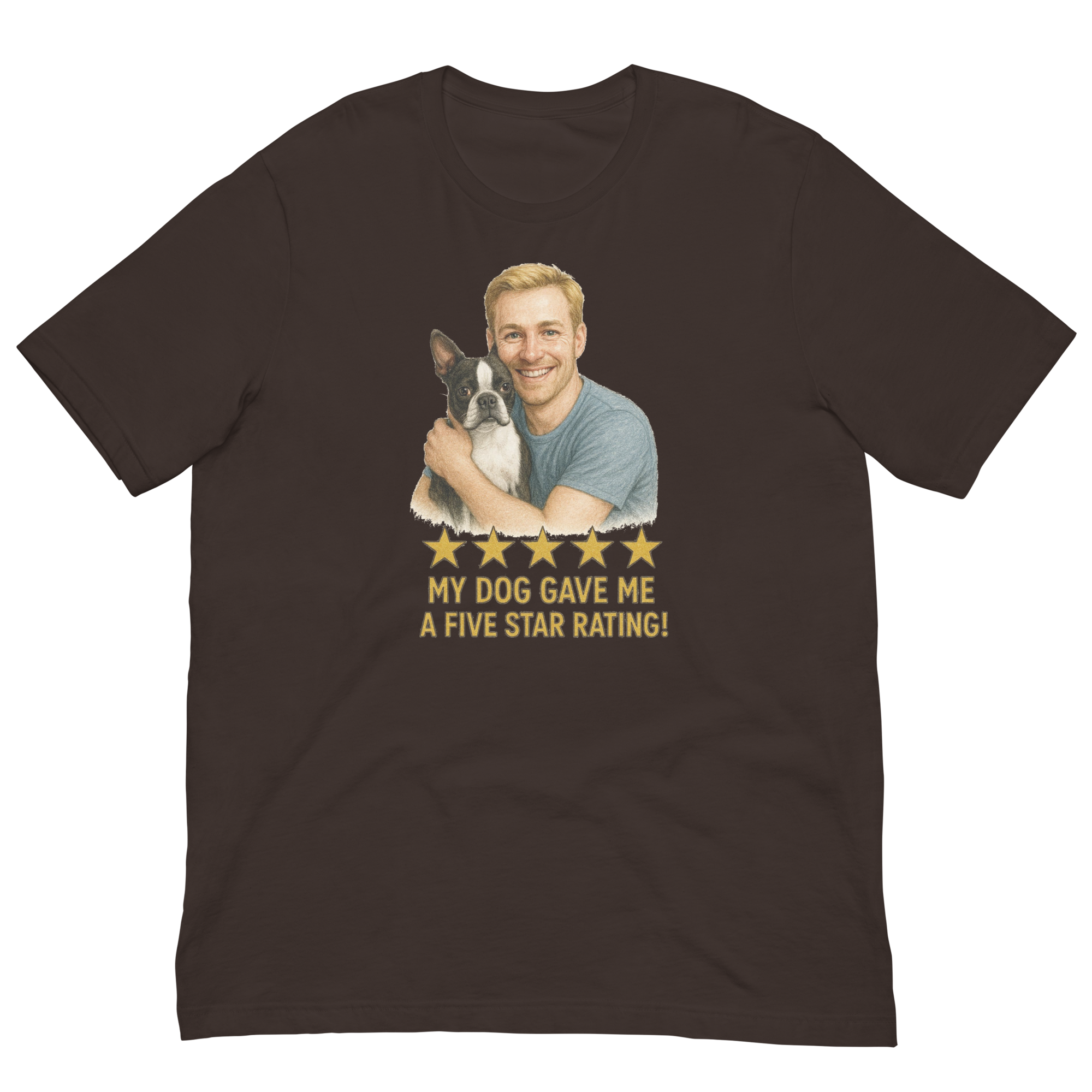 Blonde Man with Boston Terrier graphic tee.