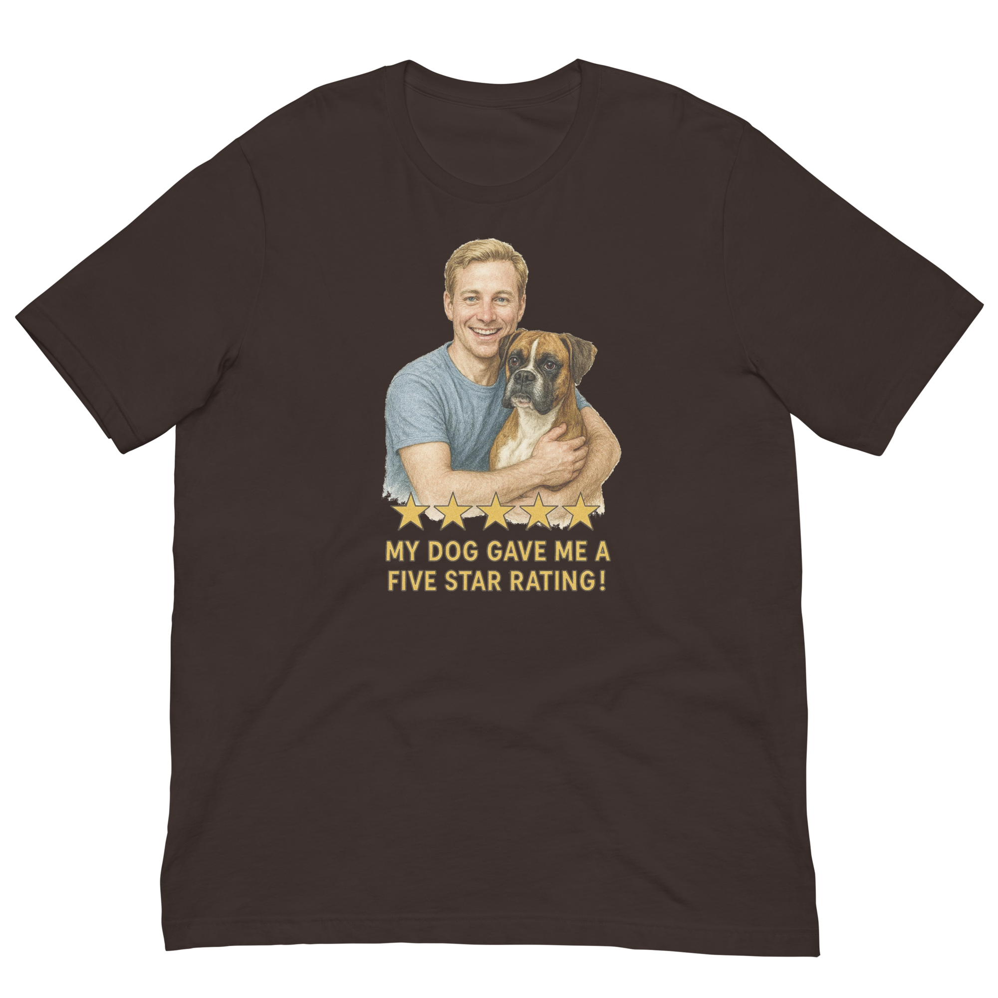 Blonde Man with Boxer graphic tee.