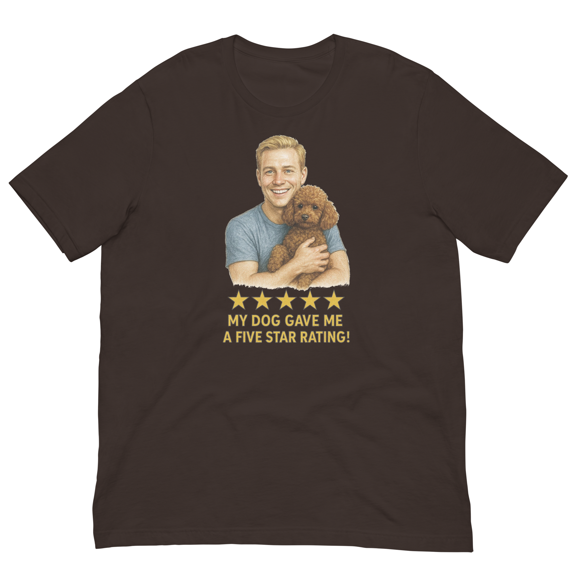 Blonde Man with Brown Poodle graphic tee.