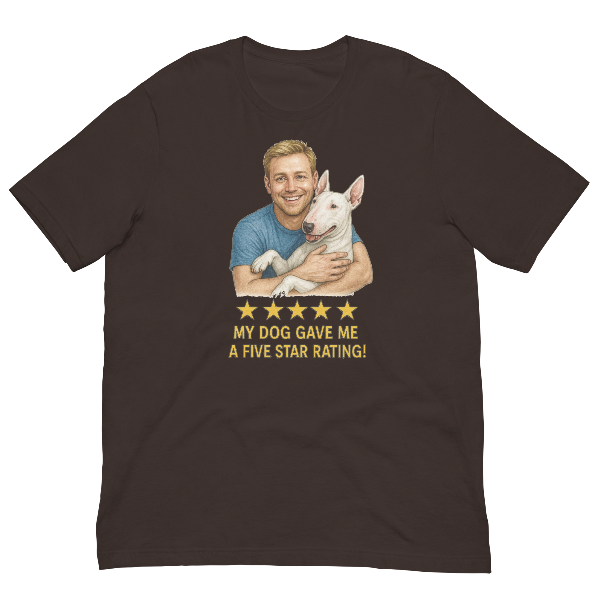Blonde Man with Bull Terrier graphic tee.