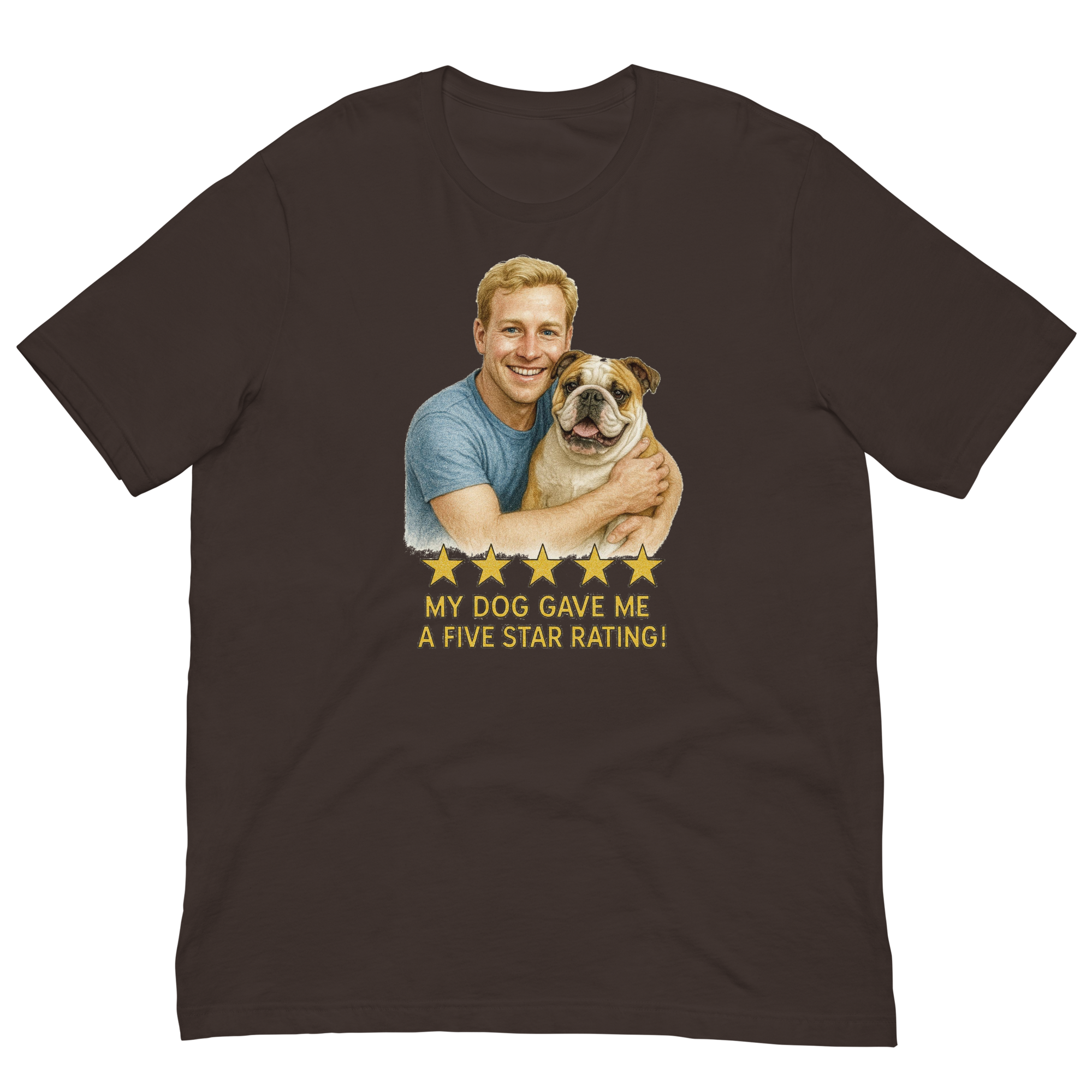 Blonde Man with Bulldog graphic tee.