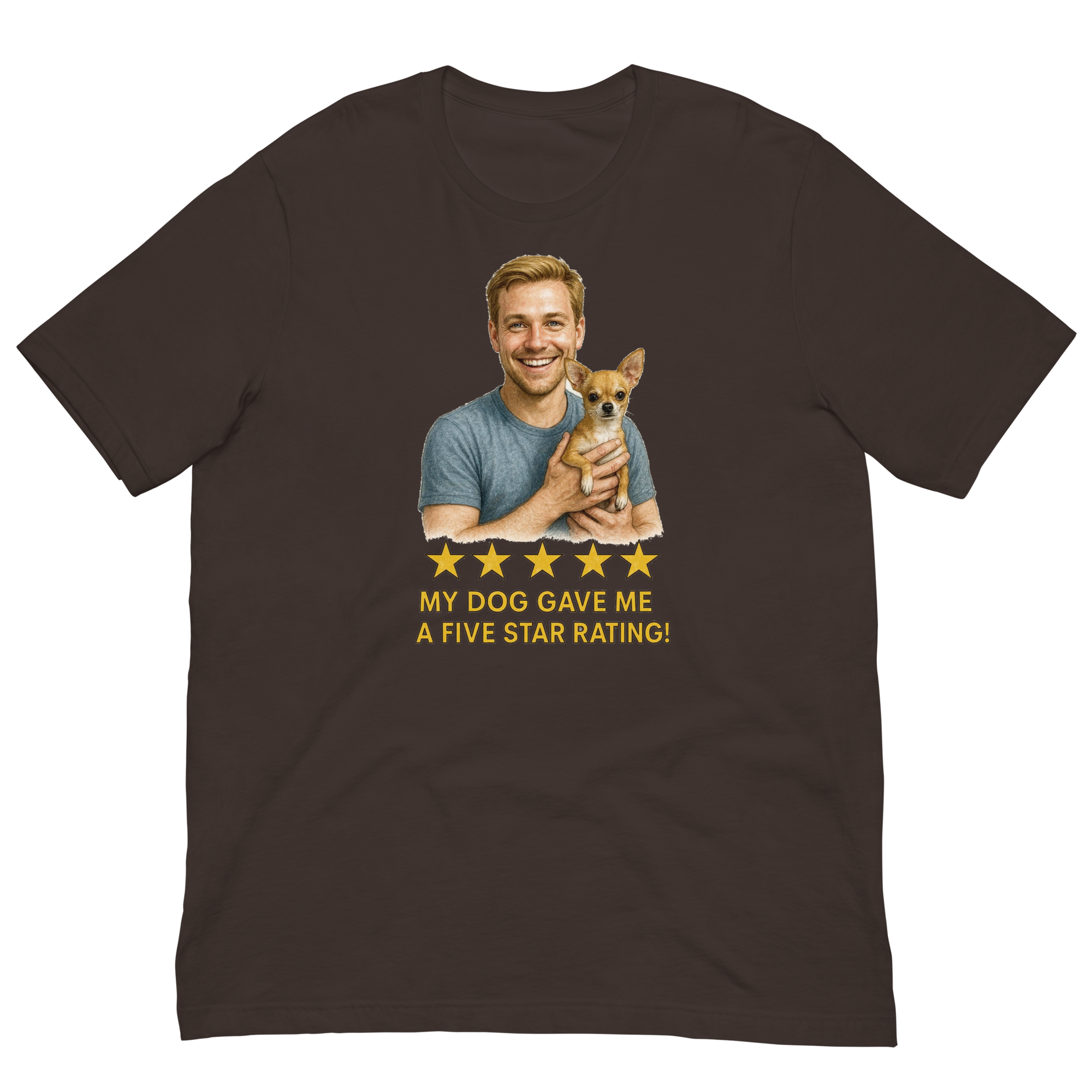 Blonde Man with Chihuahua graphic tee.