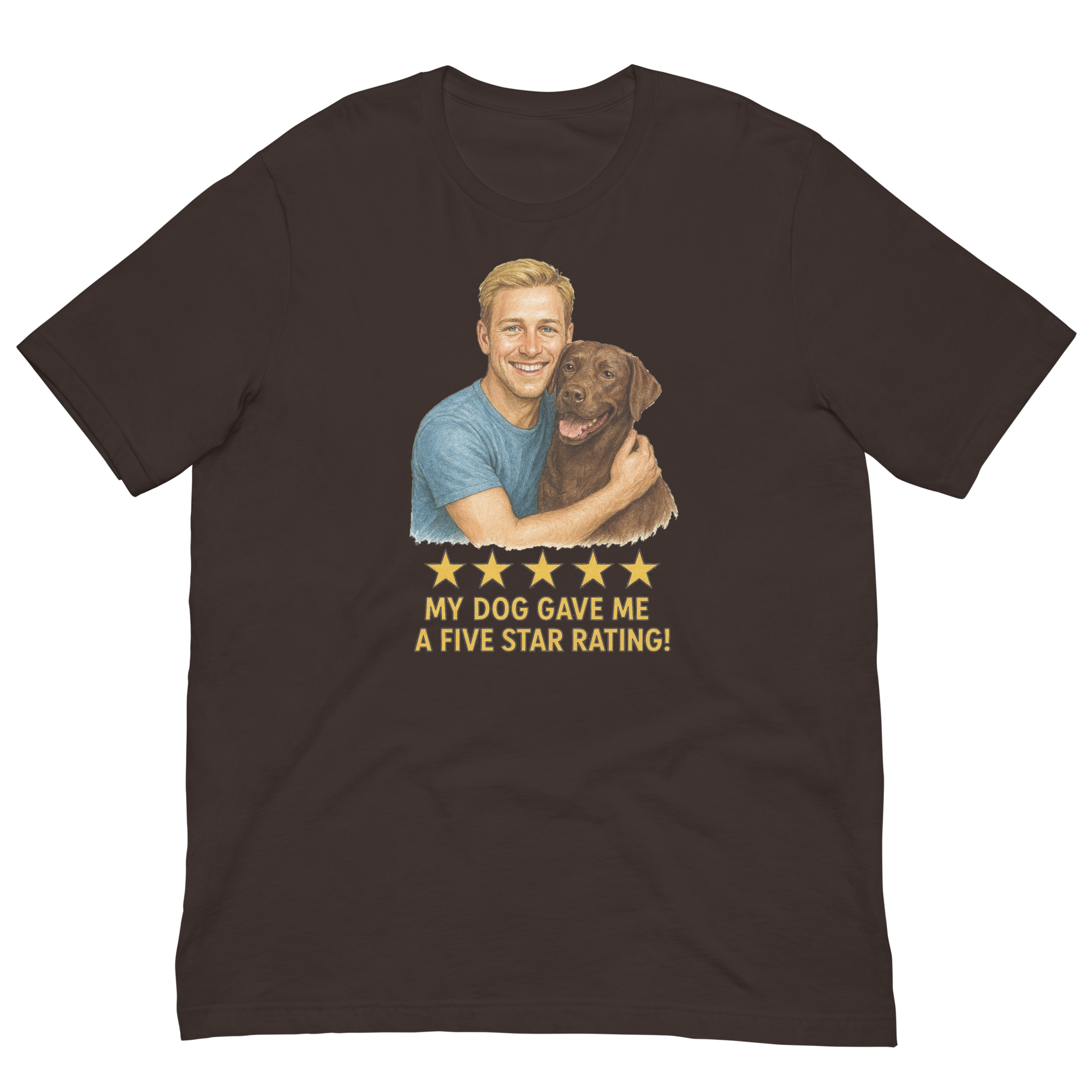 Blonde Man with Chocolate Labrador graphic tee.