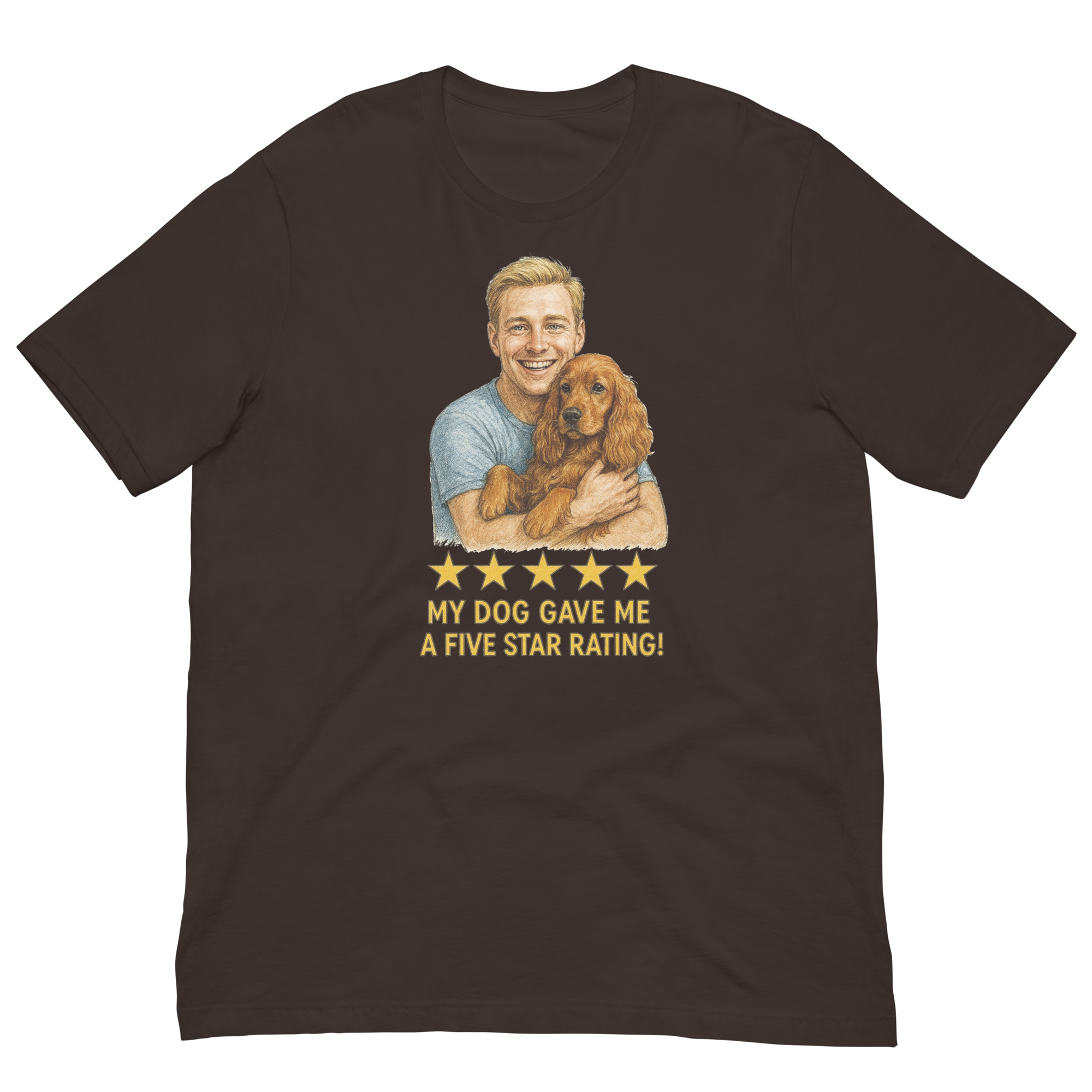 Blonde Man with Cocker Spaniel graphic tee.