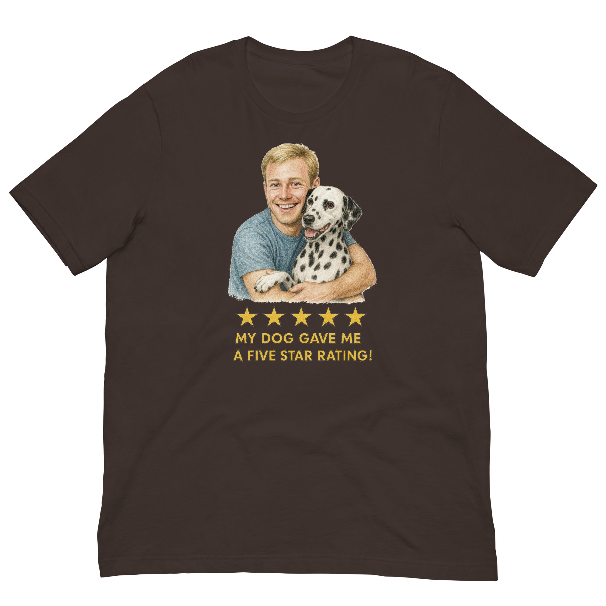 Blonde Man with Dalmatian graphic tee.