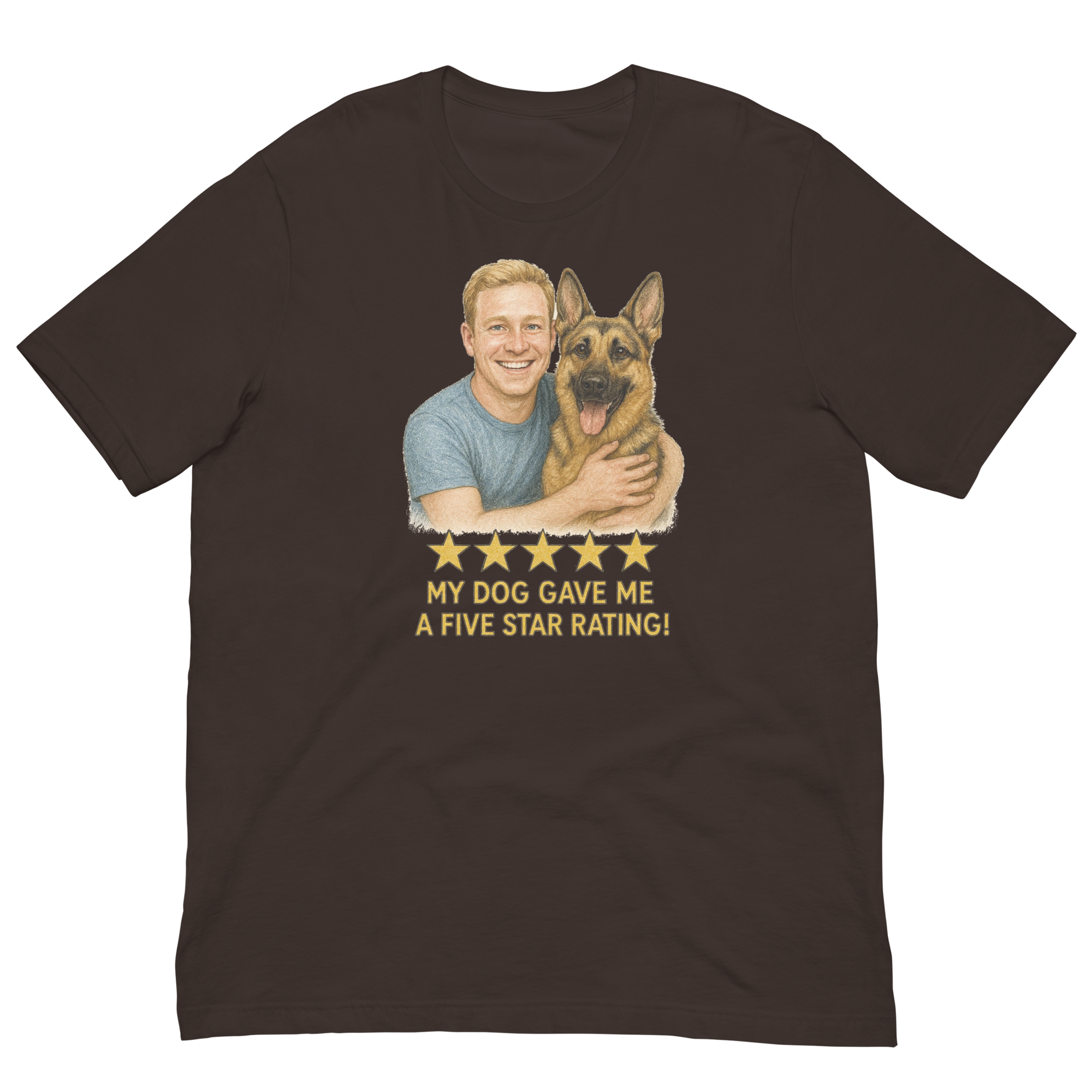 Blonde Man with German Shepherd graphic tee.