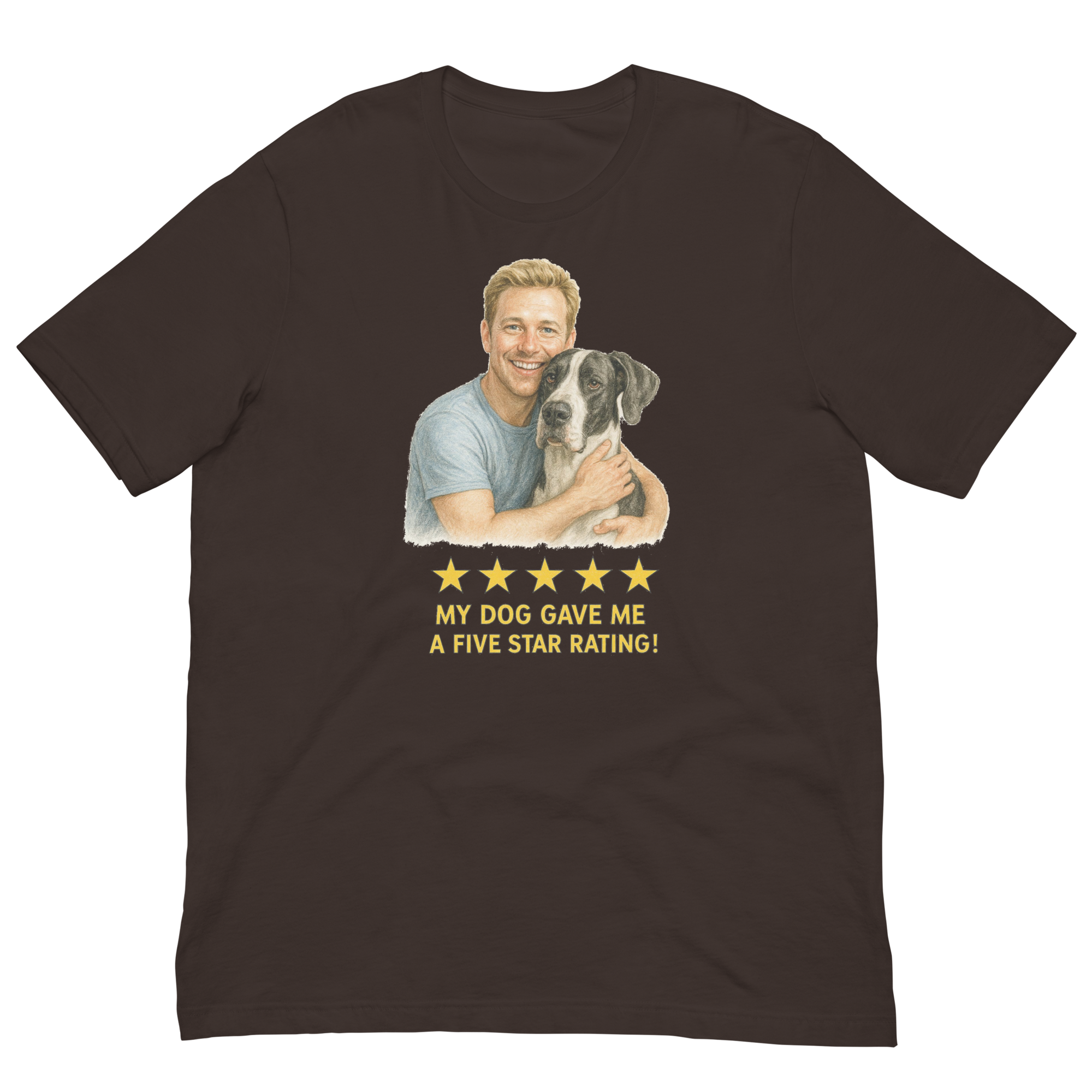 Blonde Man with Great Dane graphic tee.