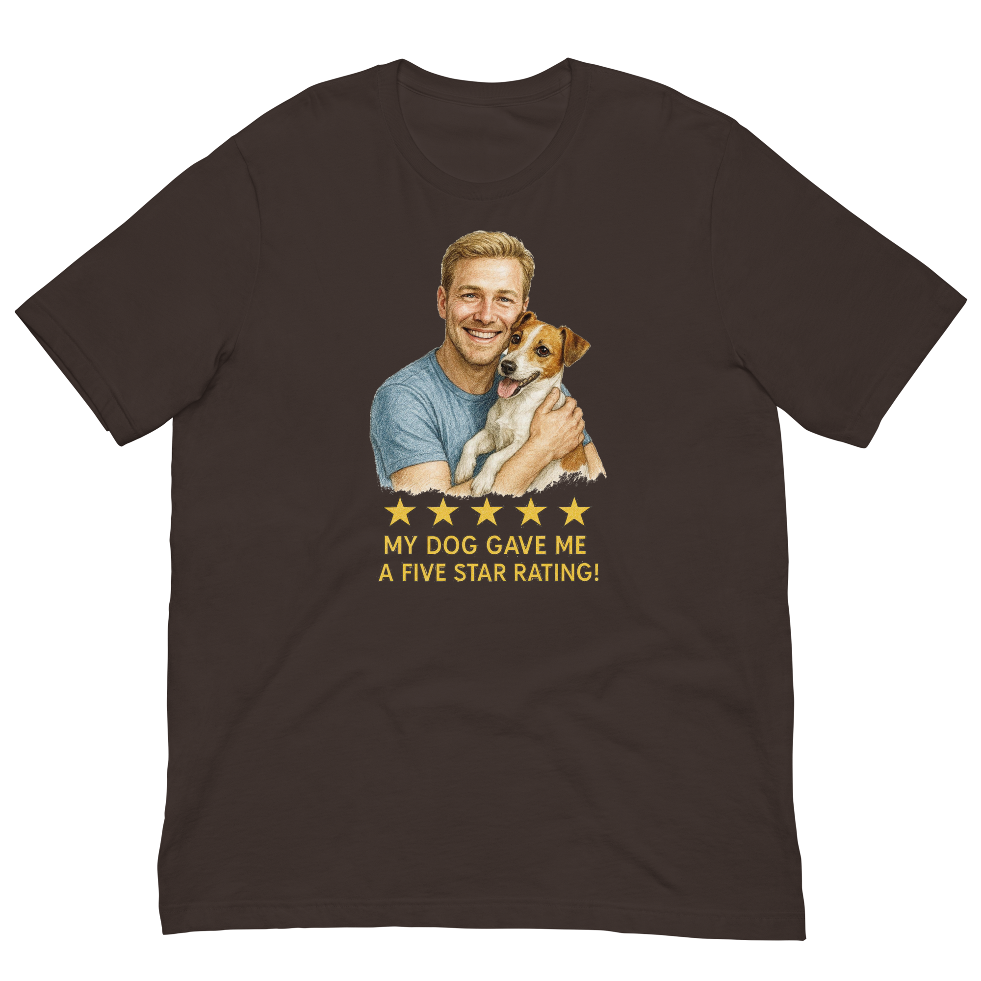 Blonde Man with Jack Russell Terrier graphic tee.