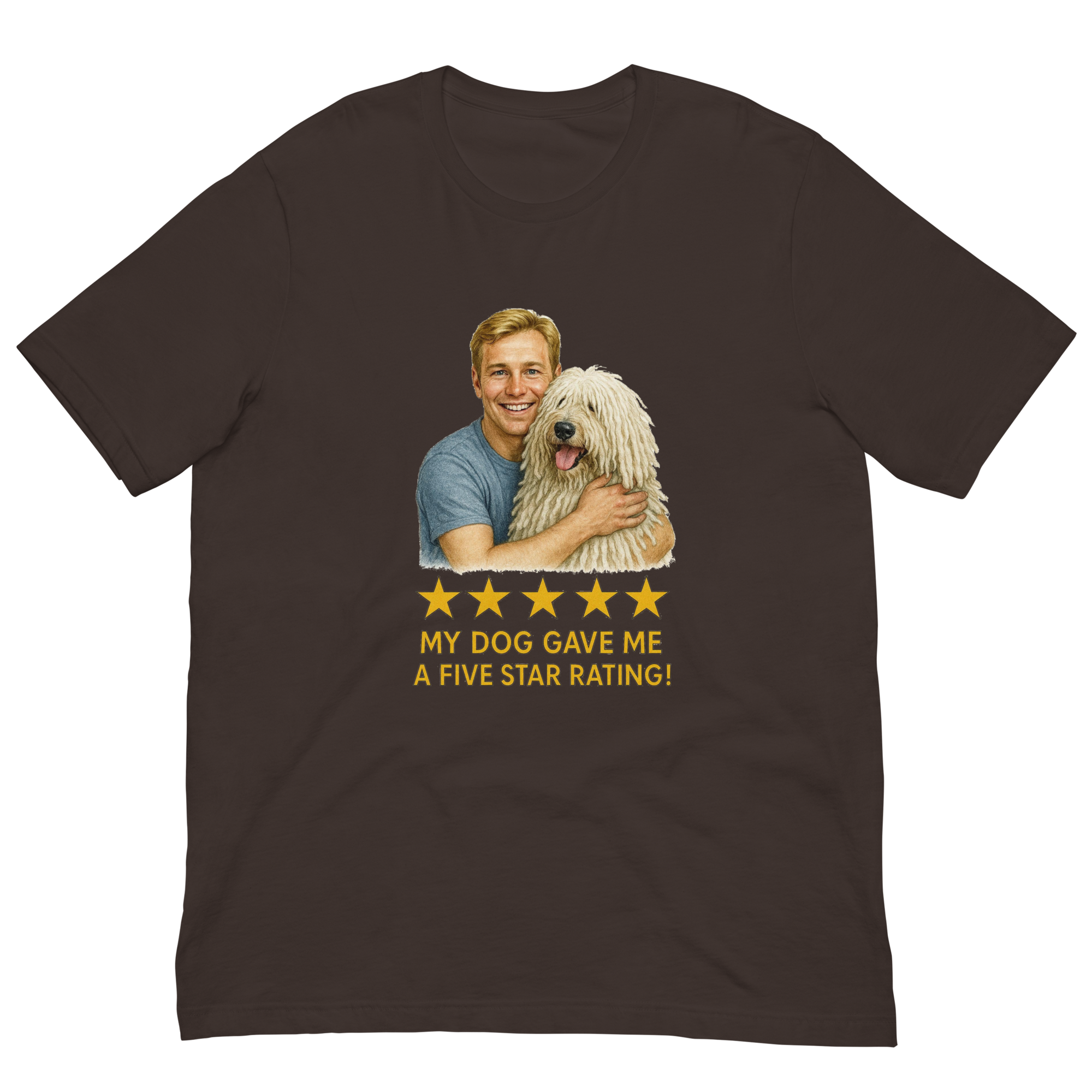 Blonde Man with Komondor graphic tee.