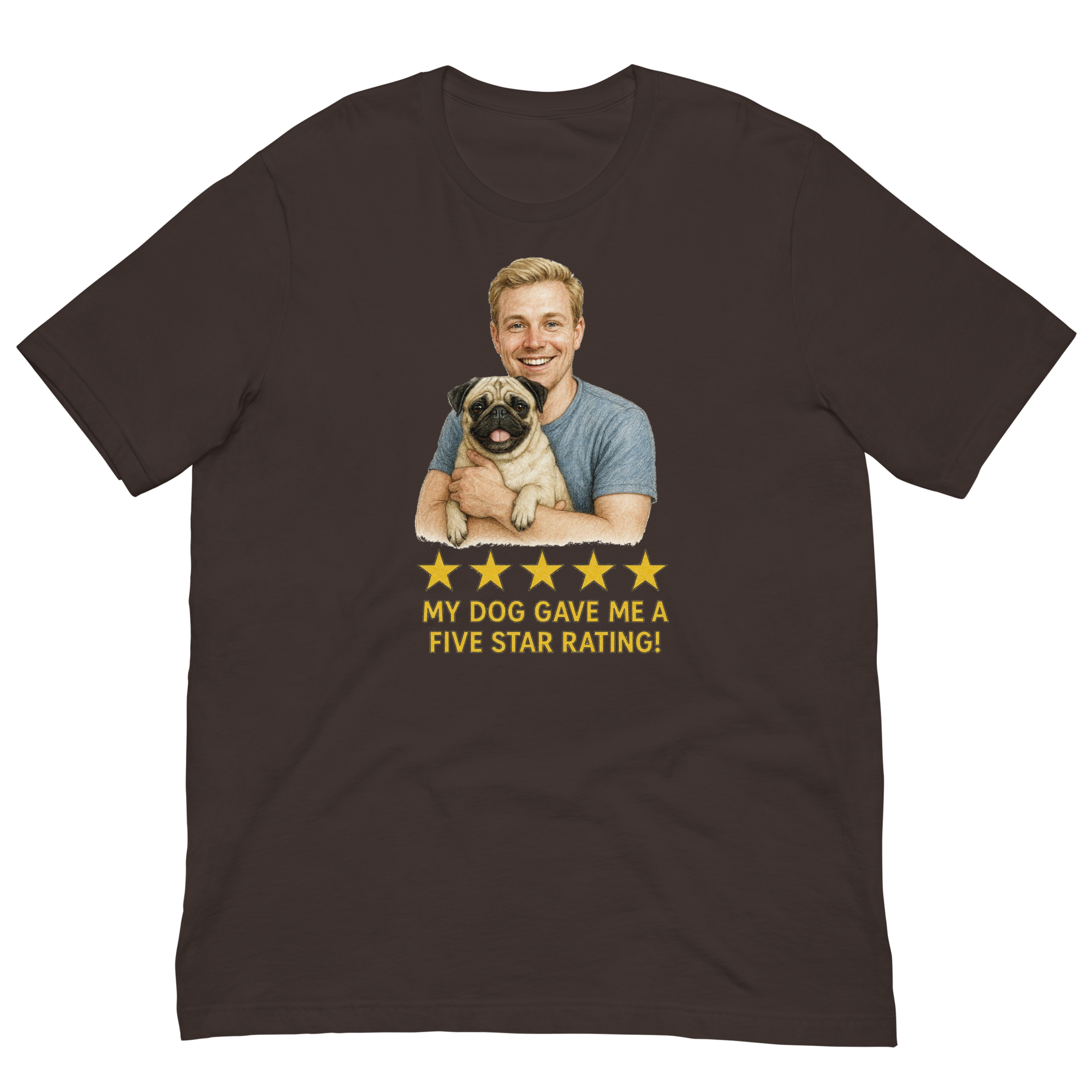 Blonde Man with Pug graphic tee.
