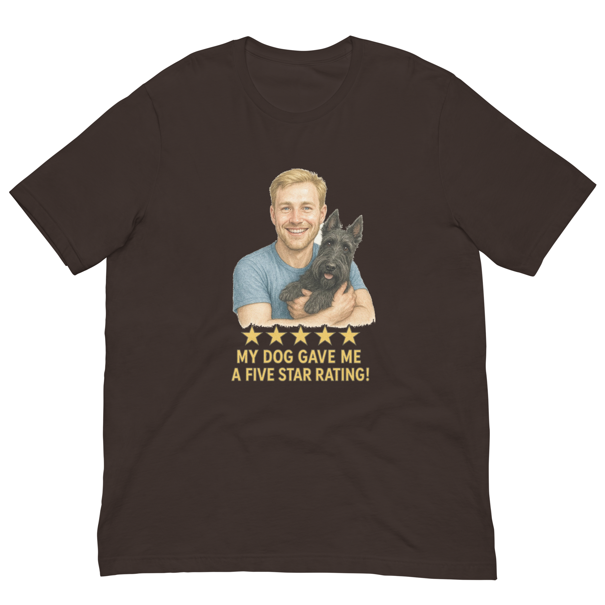 Blonde Man with Scottie graphic tee.