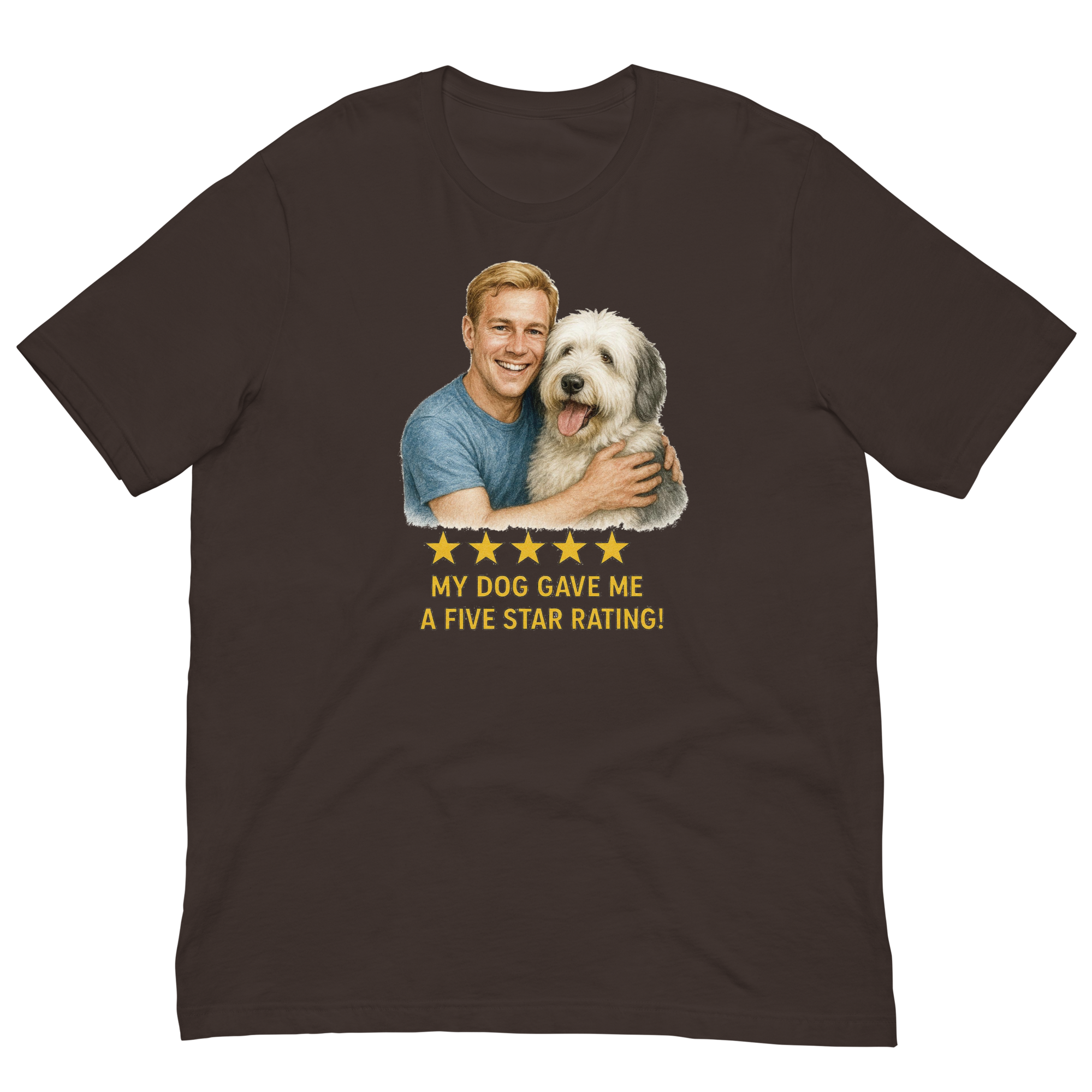 Blonde Man with Sheepdog graphic tee.