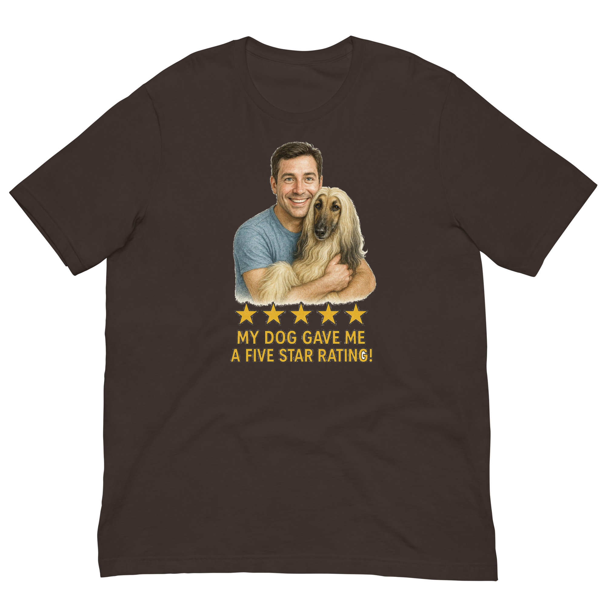 Brunette Man with Afghan Hound graphic tee.