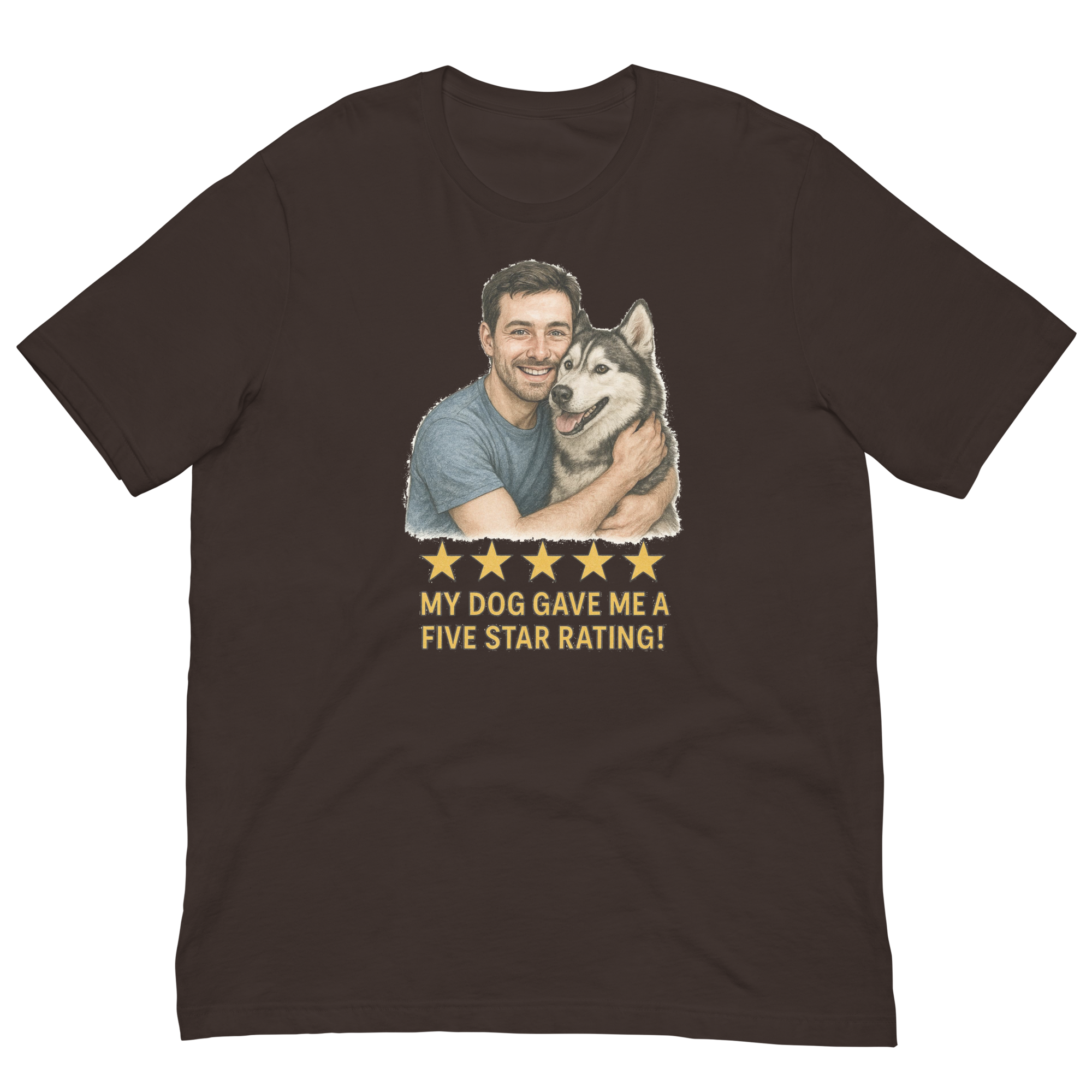 Brunette Man with Alaskan Husky graphic tee.