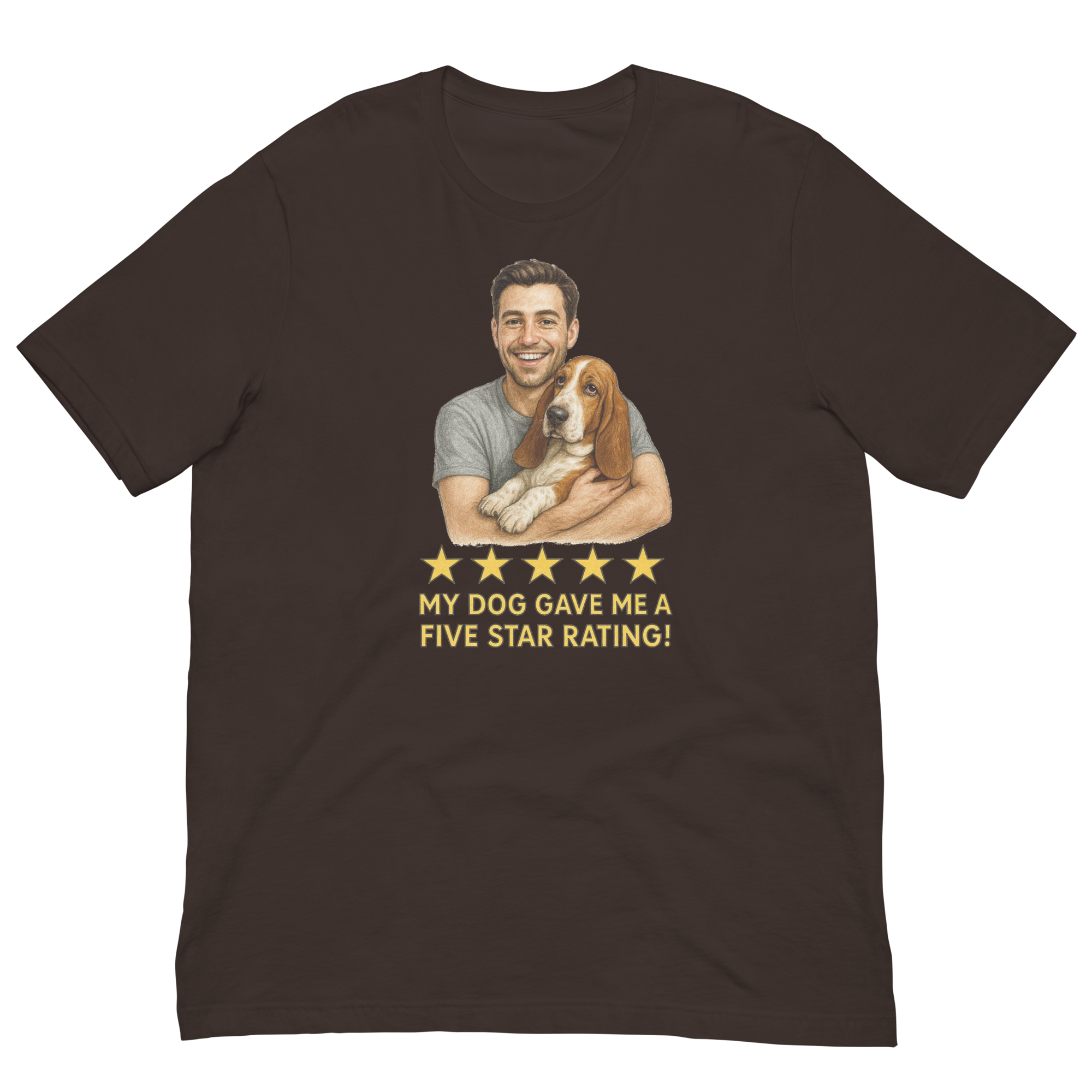 Brunette Man with Basset Hound graphic tee.