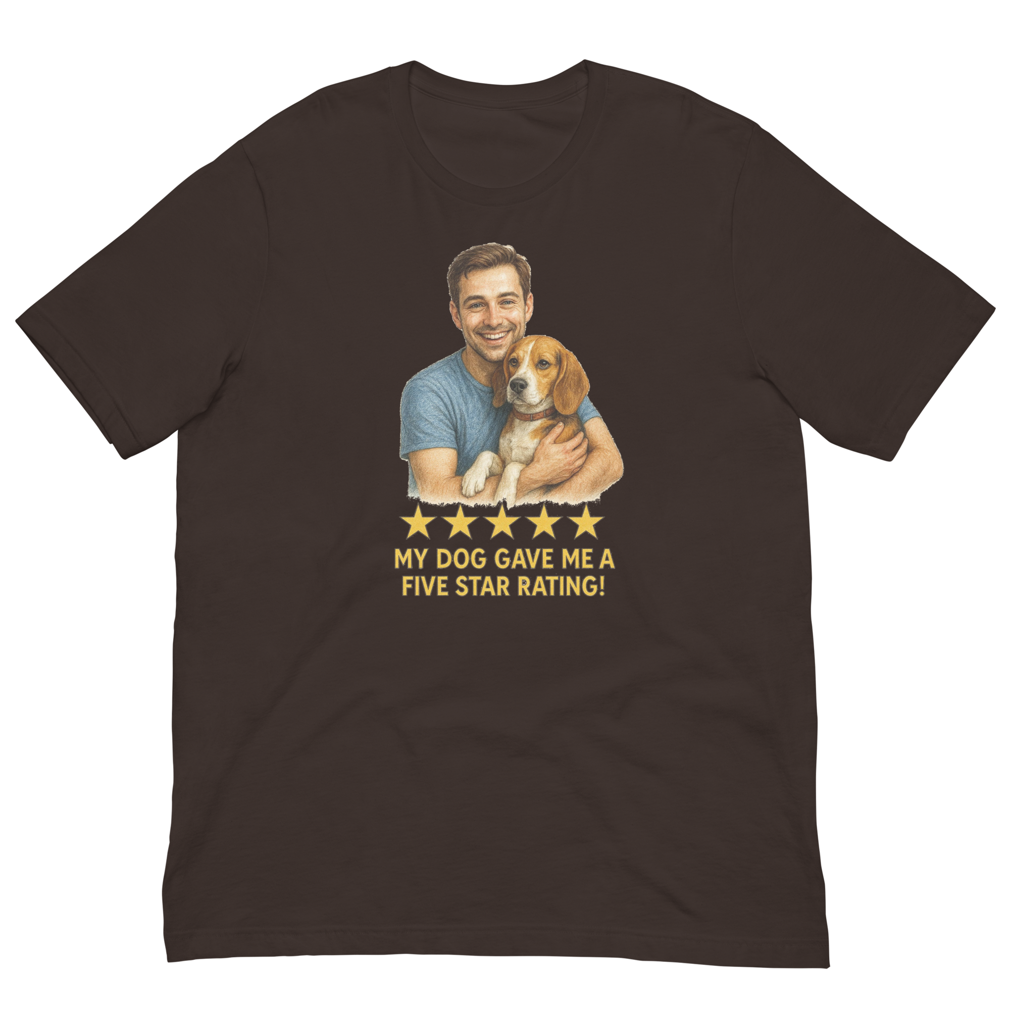 Brunette Man with Beagle graphic tee.