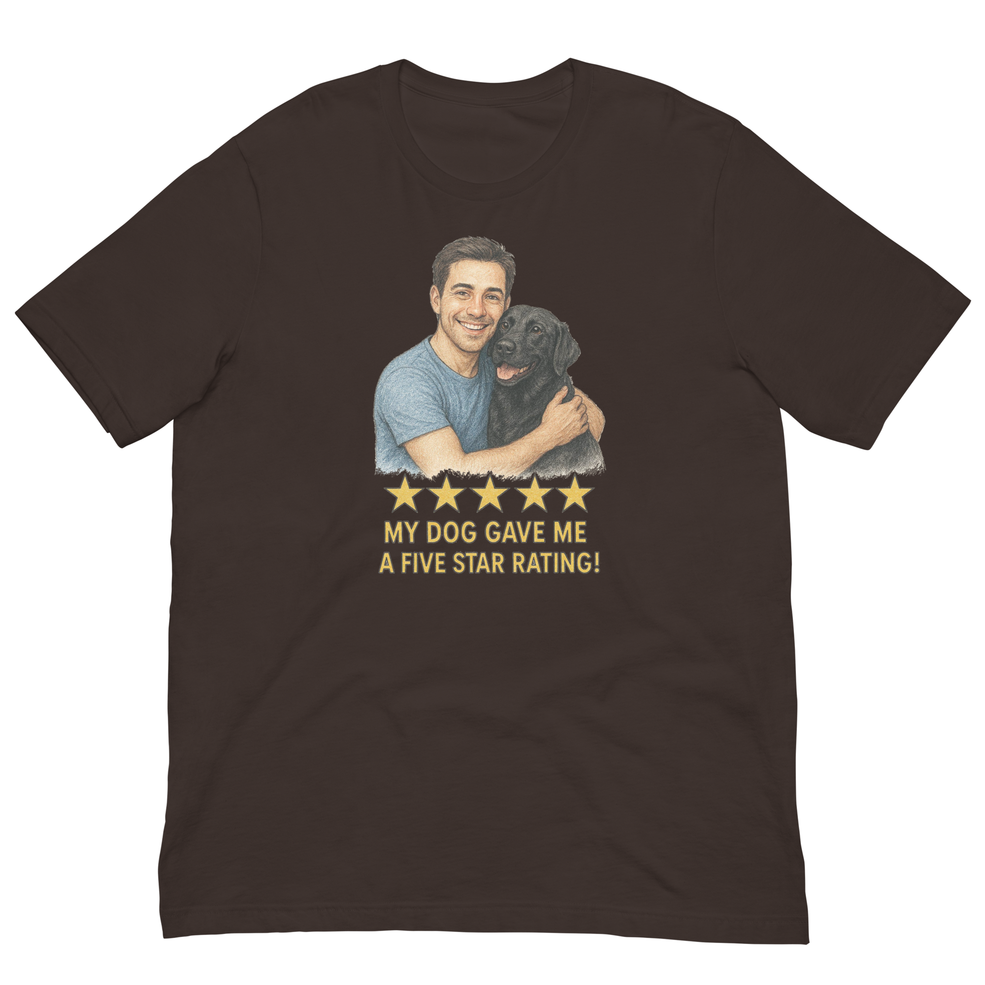 Brunette Man with Black Labrador graphic tee.