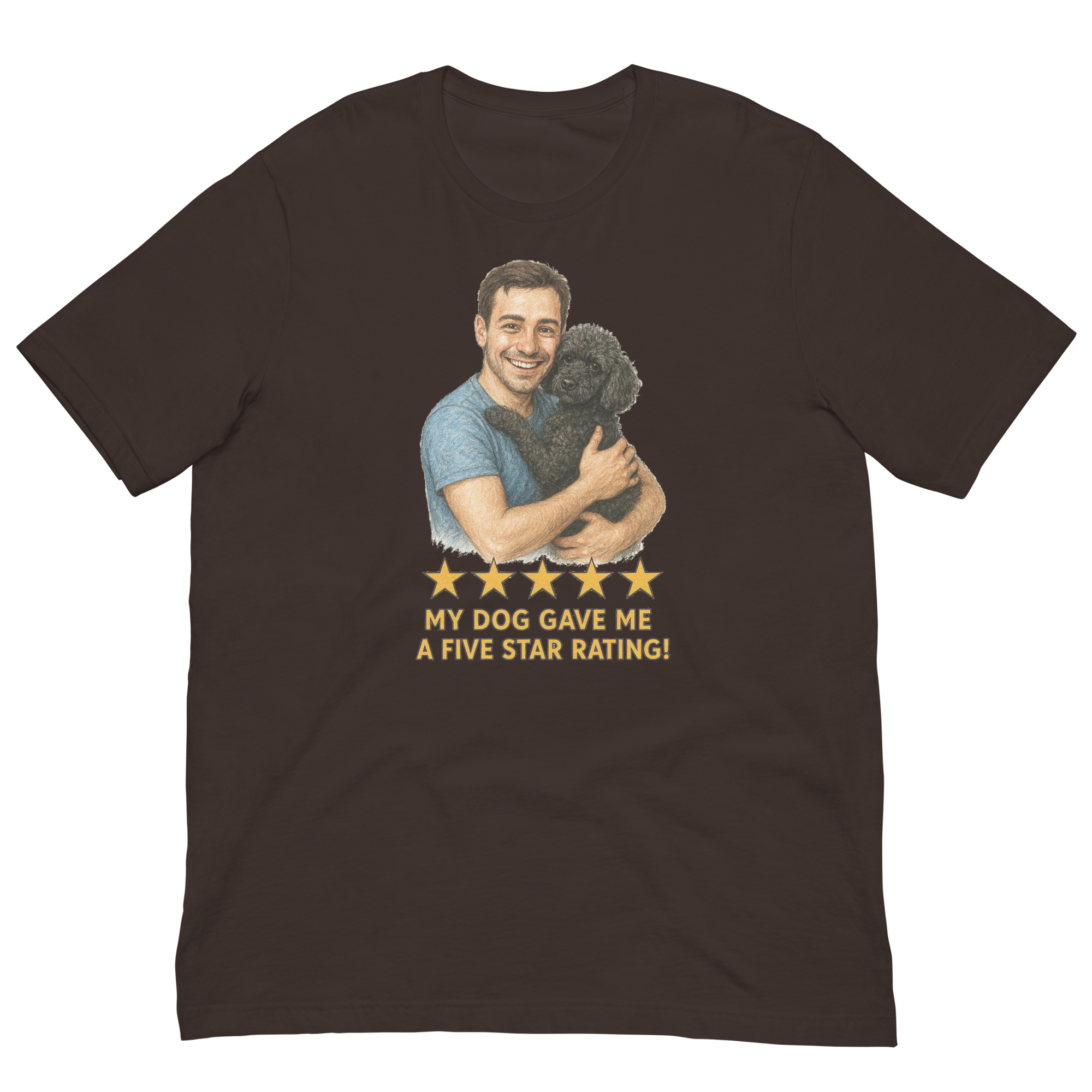 Brunette Man with Black Poodle graphic tee.