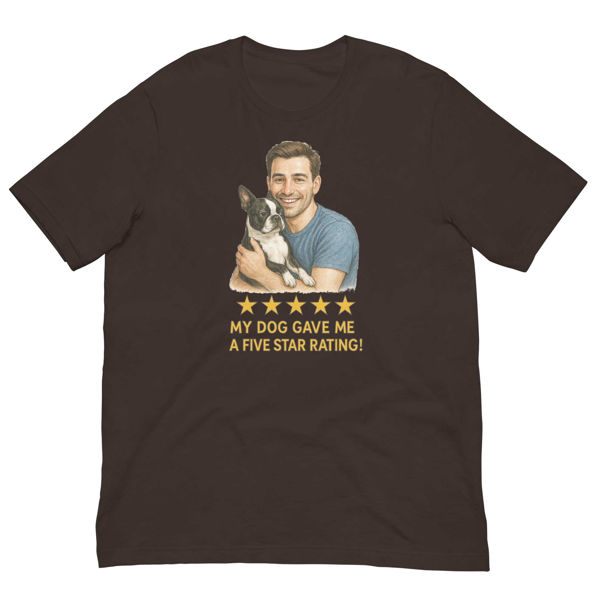 Brunette Man with Boston Terrier graphic tee.