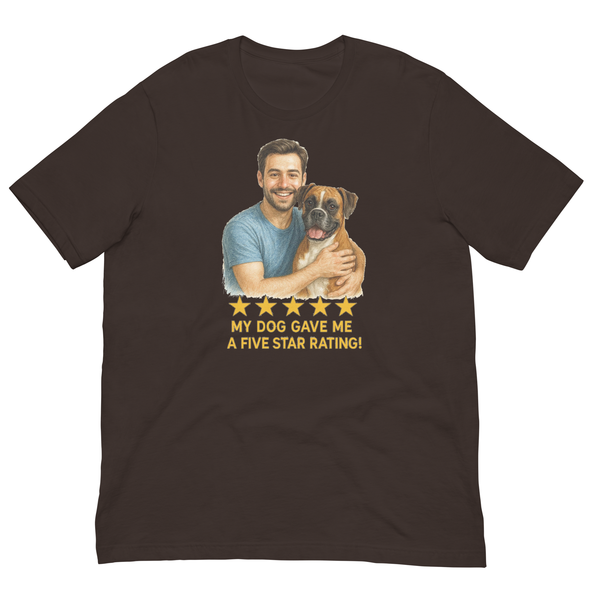 Brunette Man with Boxer graphic tee.