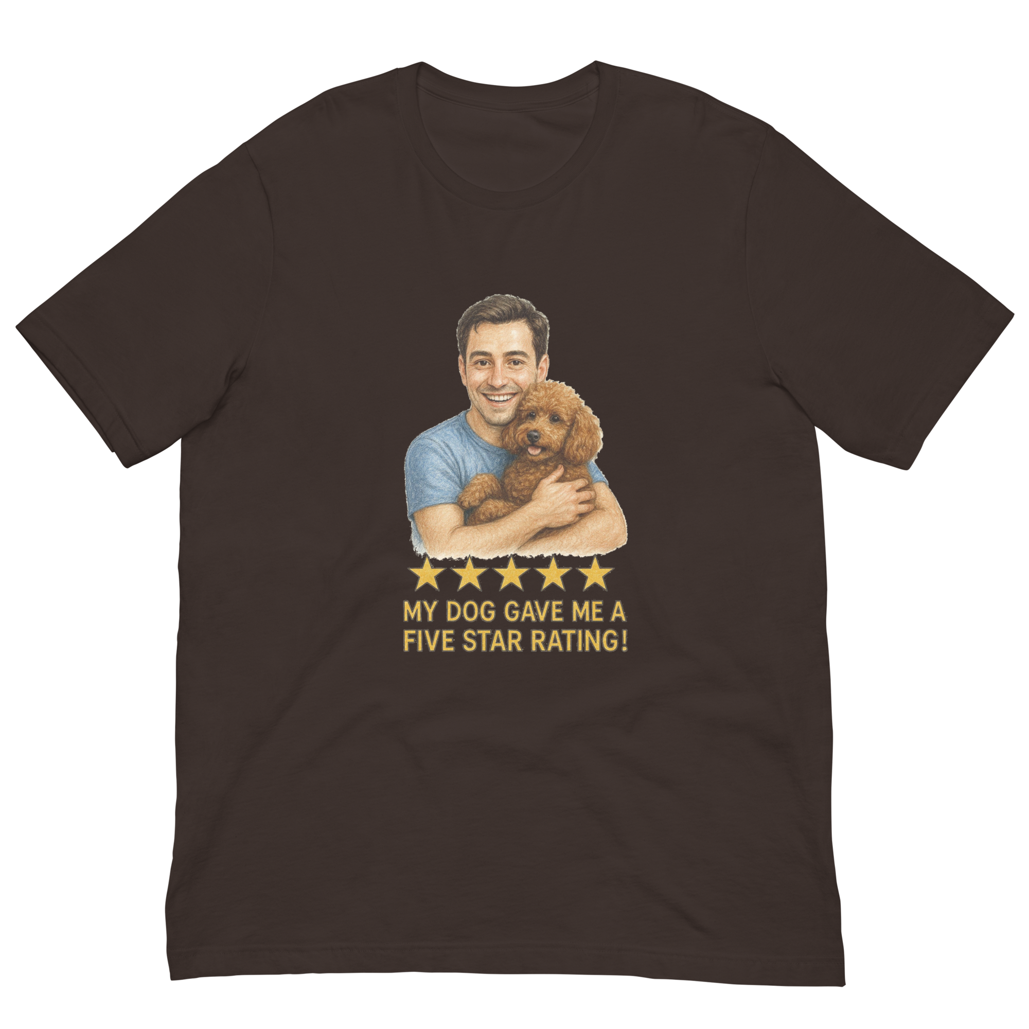 Brunette Man with Brown Poodle graphic tee.
