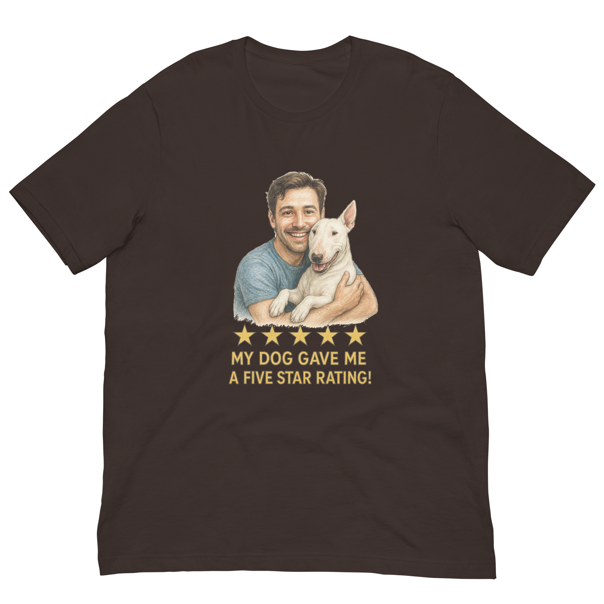 Brunette Man with Bull Terrier graphic tee.