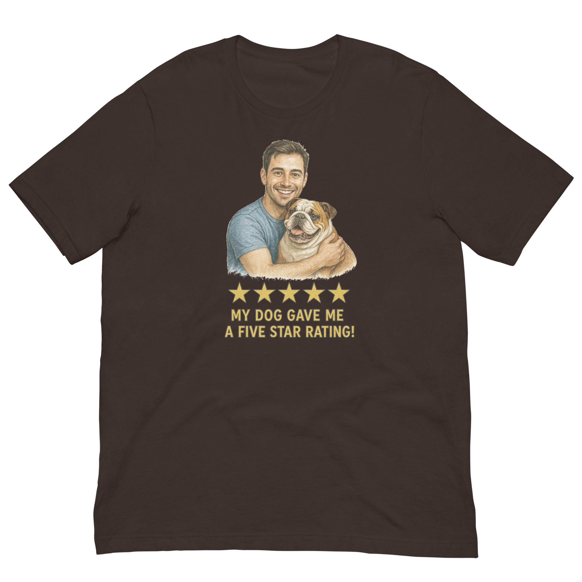 Brunette Man with Bulldog graphic tee.