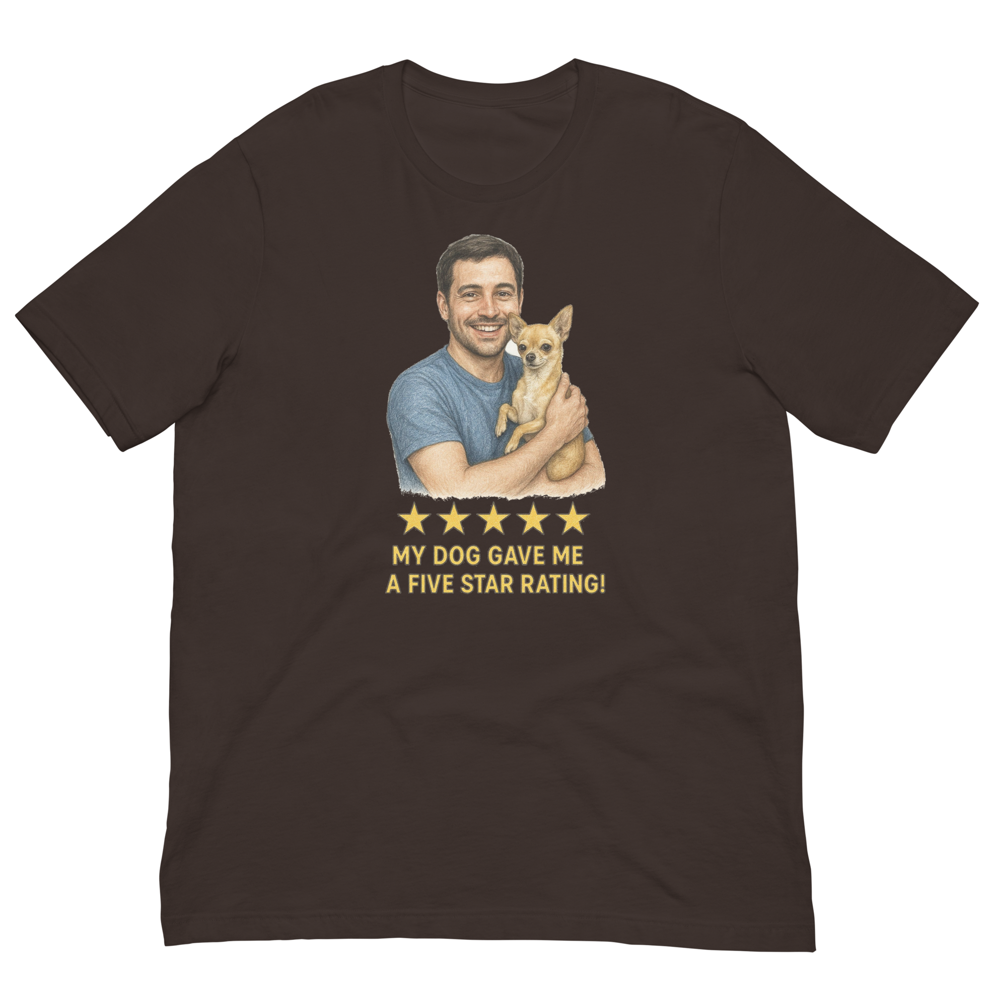 Brunette Man with Chihuahua graphic tee.