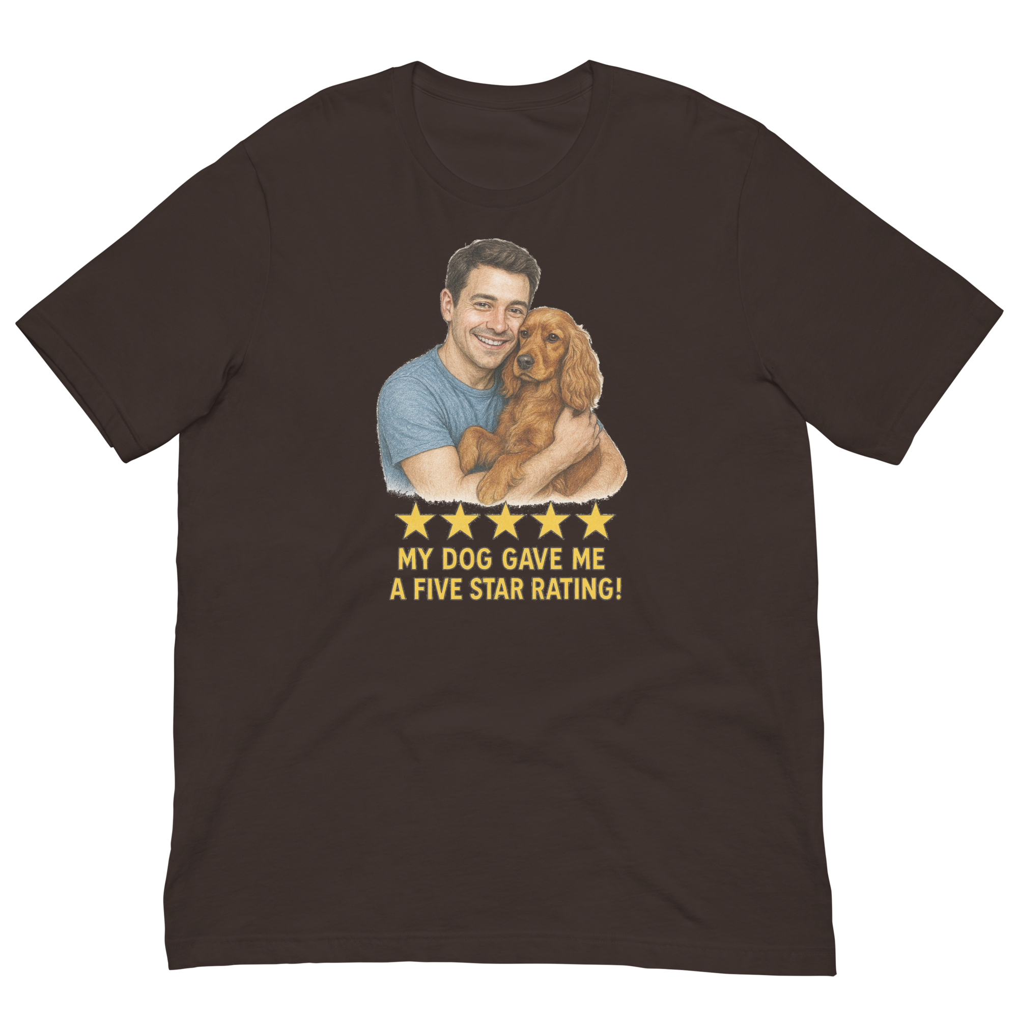 Brunette Man with Cocker Spaniel graphic tee.