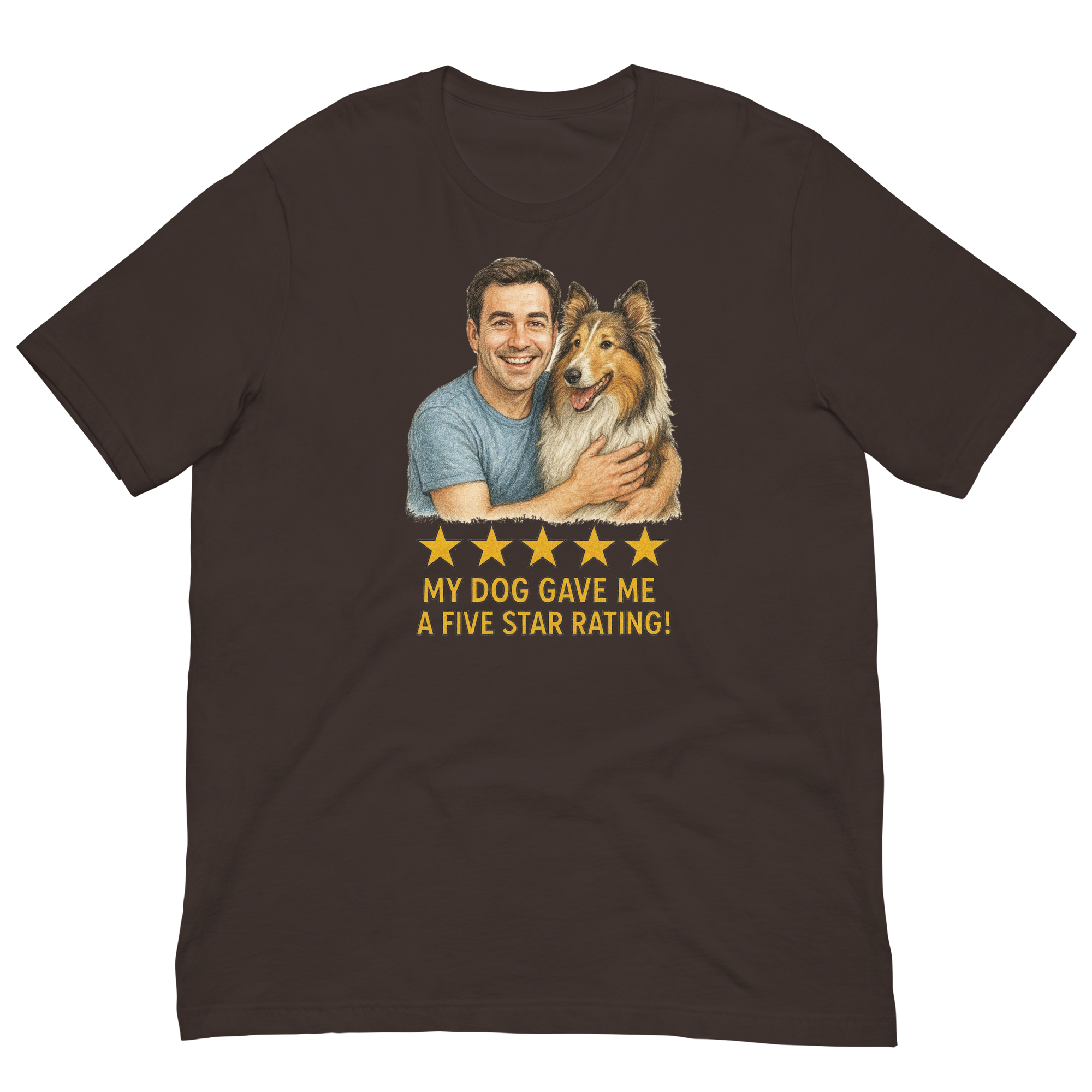 Brunette Man with Collie graphic tee.