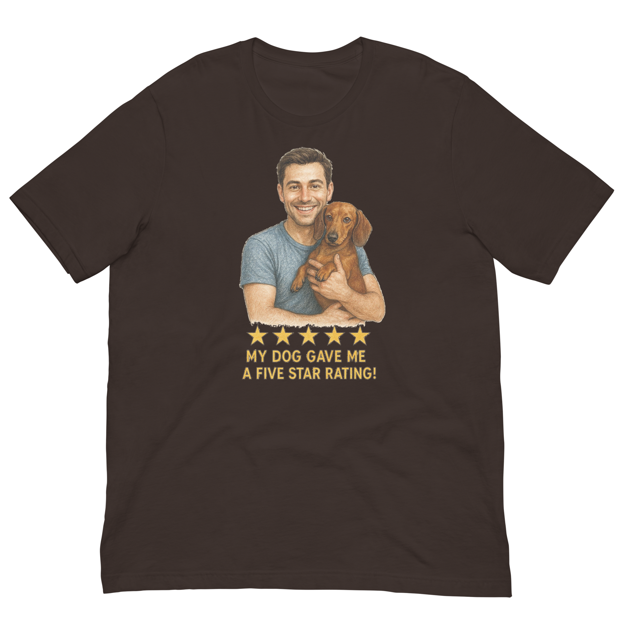 Brunette Man with Dachshund graphic tee.