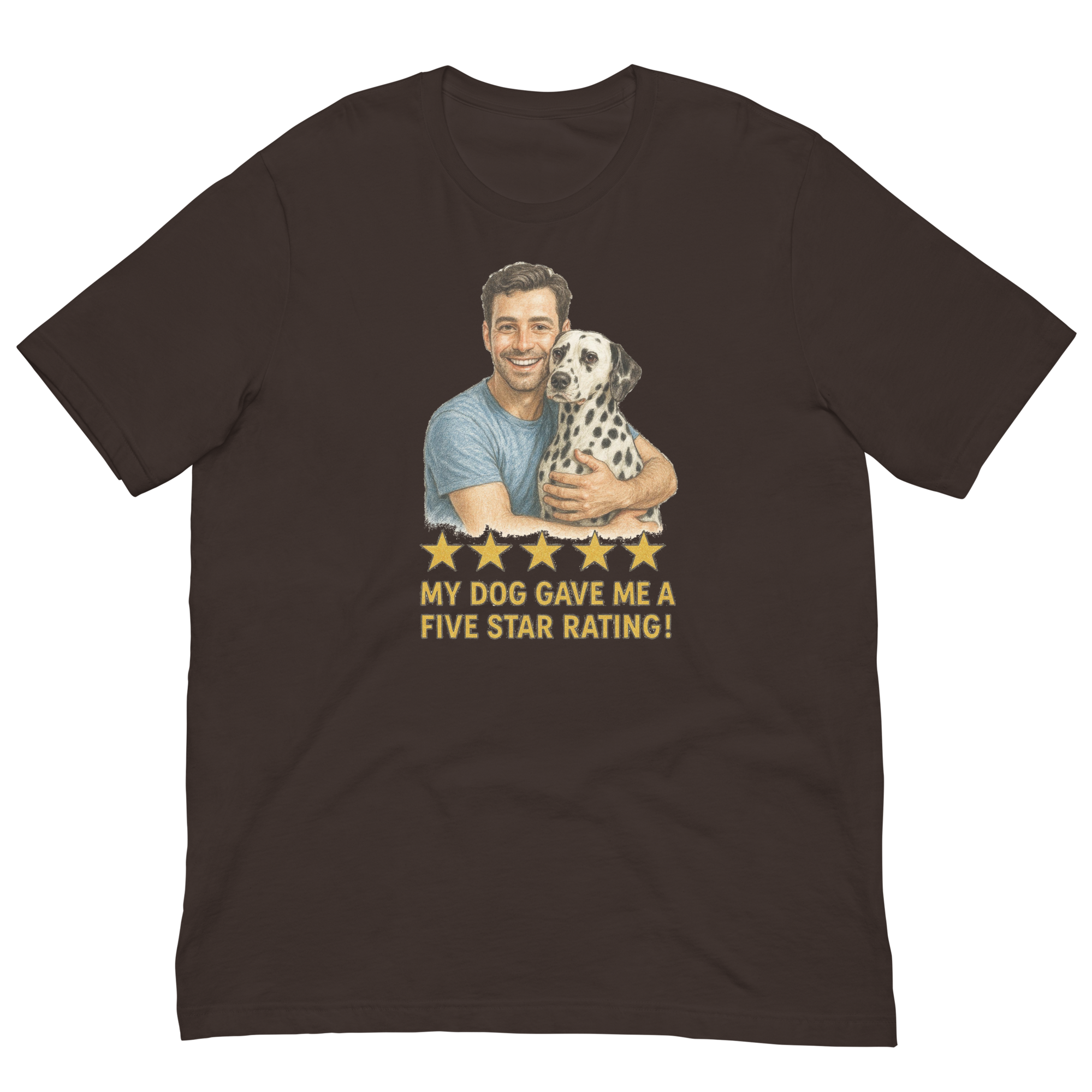 Brunette Man with Dalmatian graphic tee.